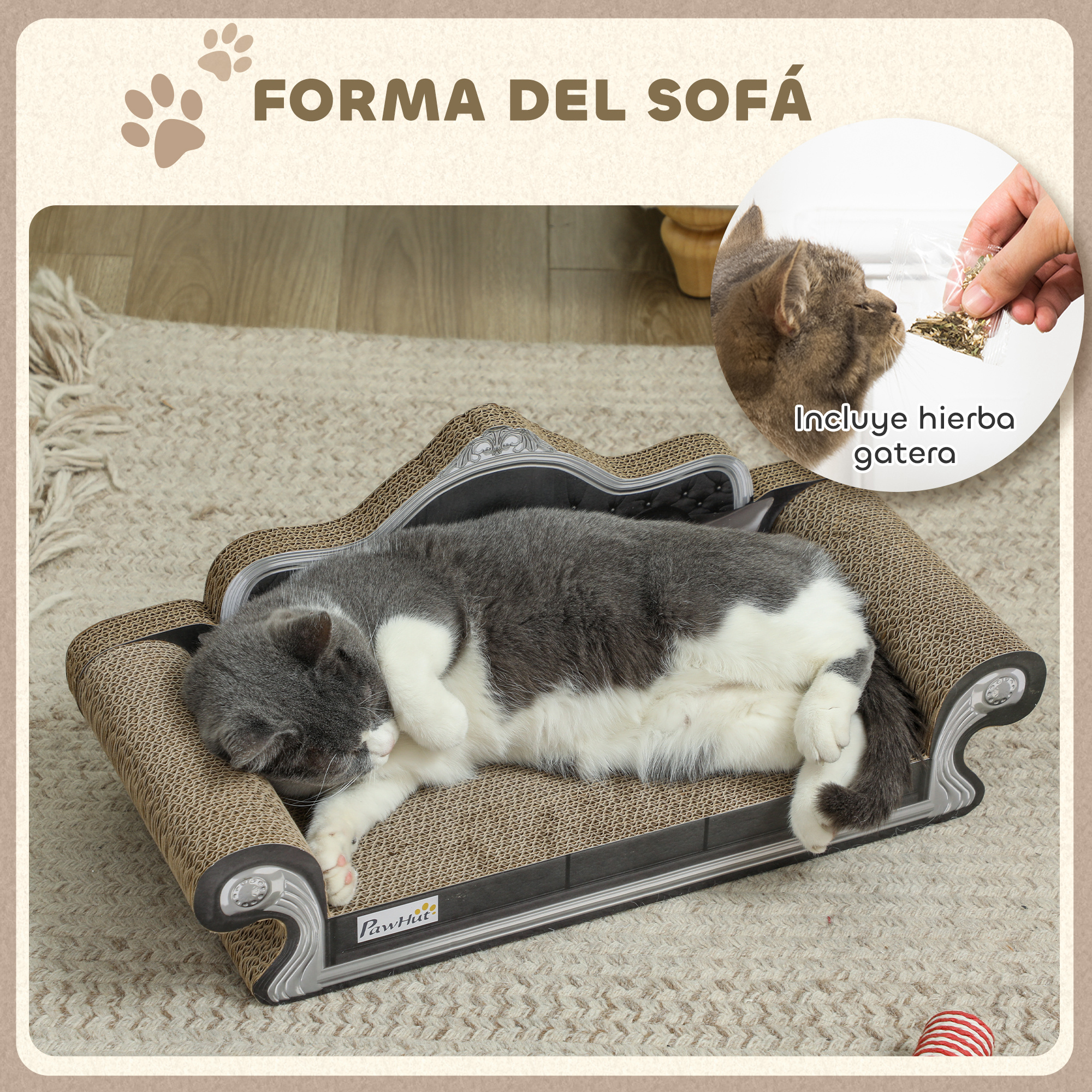 Un gato gris duerme en un sofá rascador, con texto que indica que incluye hierba gatera.