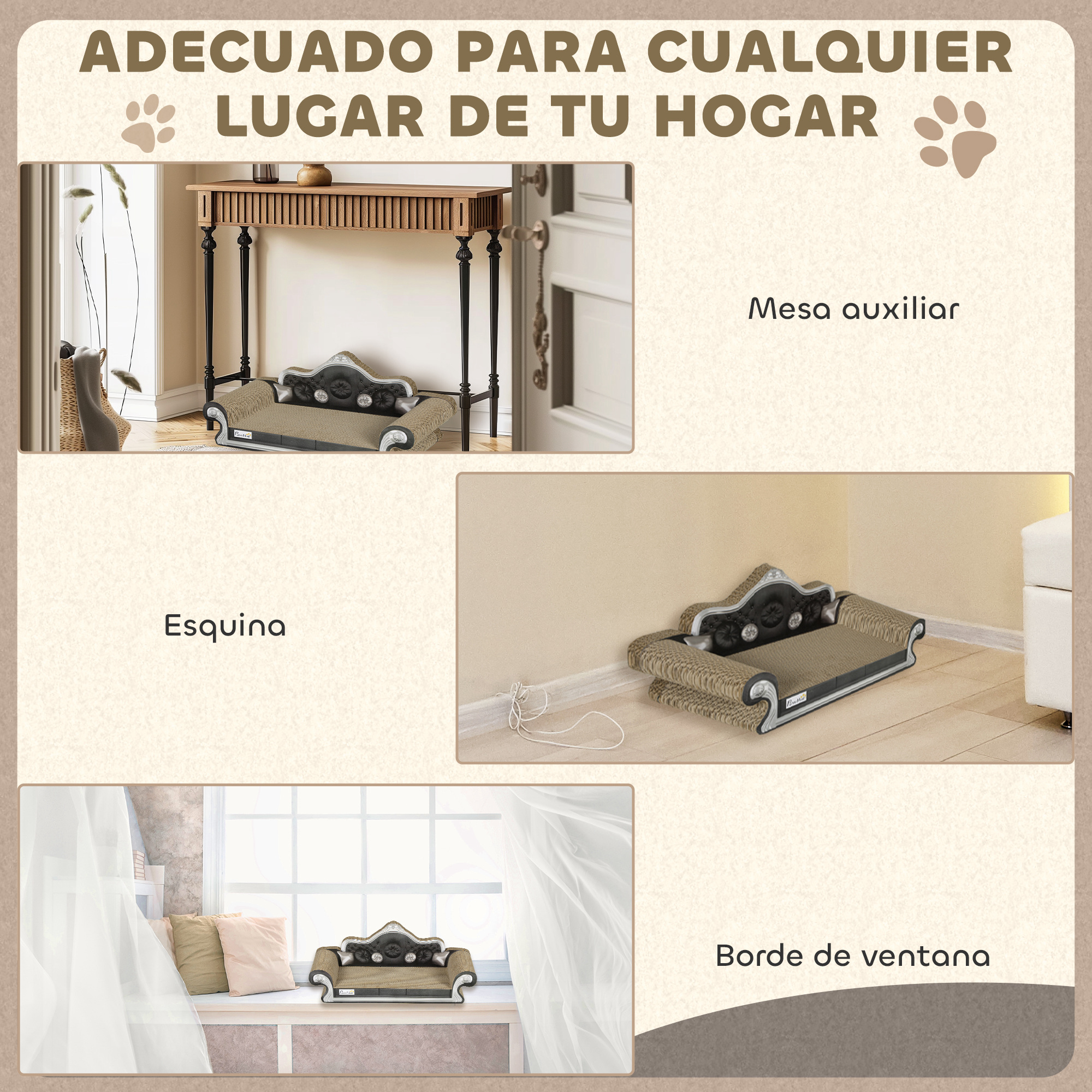 Sofá rascador para gatos en diferentes entornos domésticos: mesa auxiliar, esquina y alféizar.