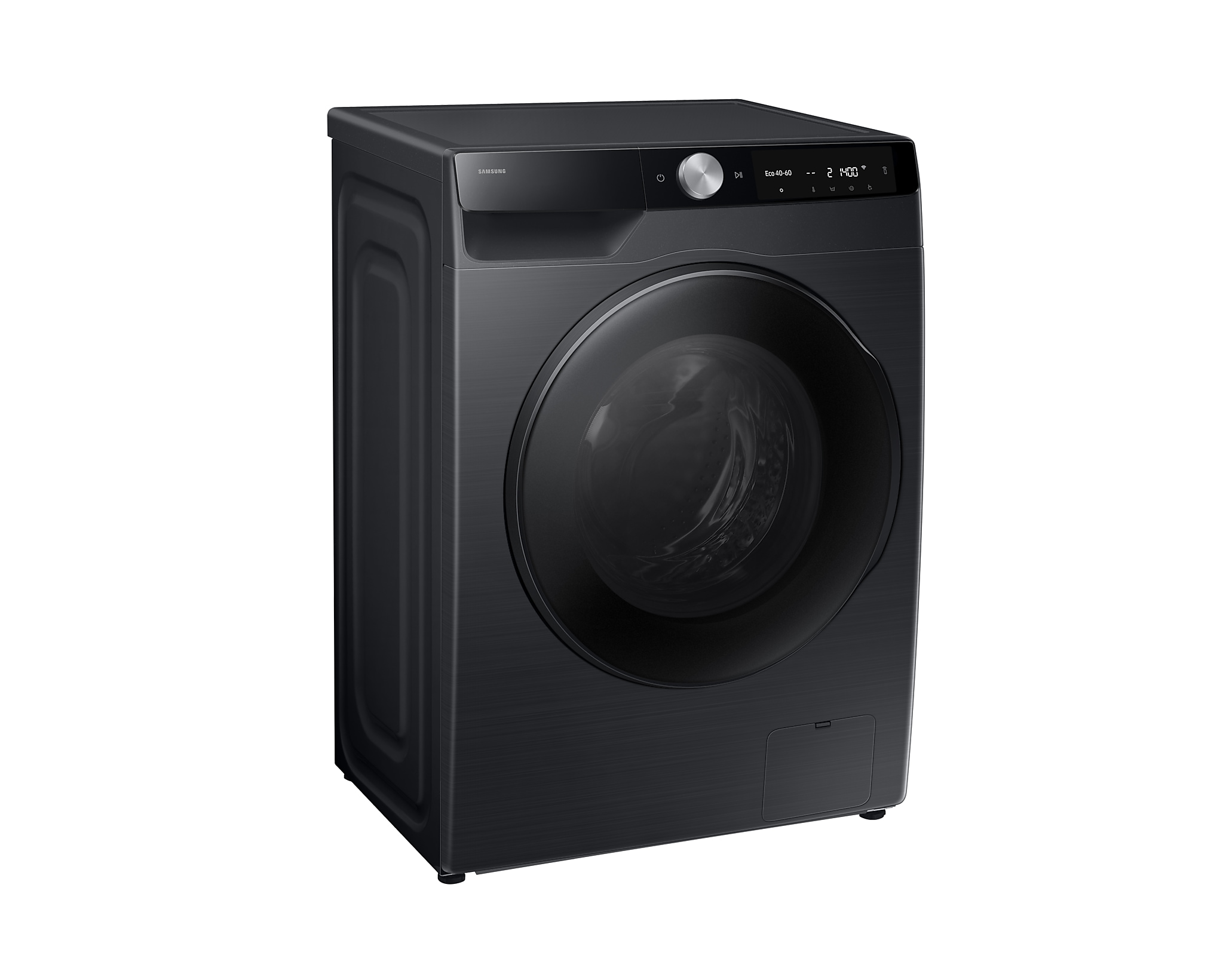 Lave-linge Samsung noir. La machine a une porte sombre et un panneau de commande en haut.