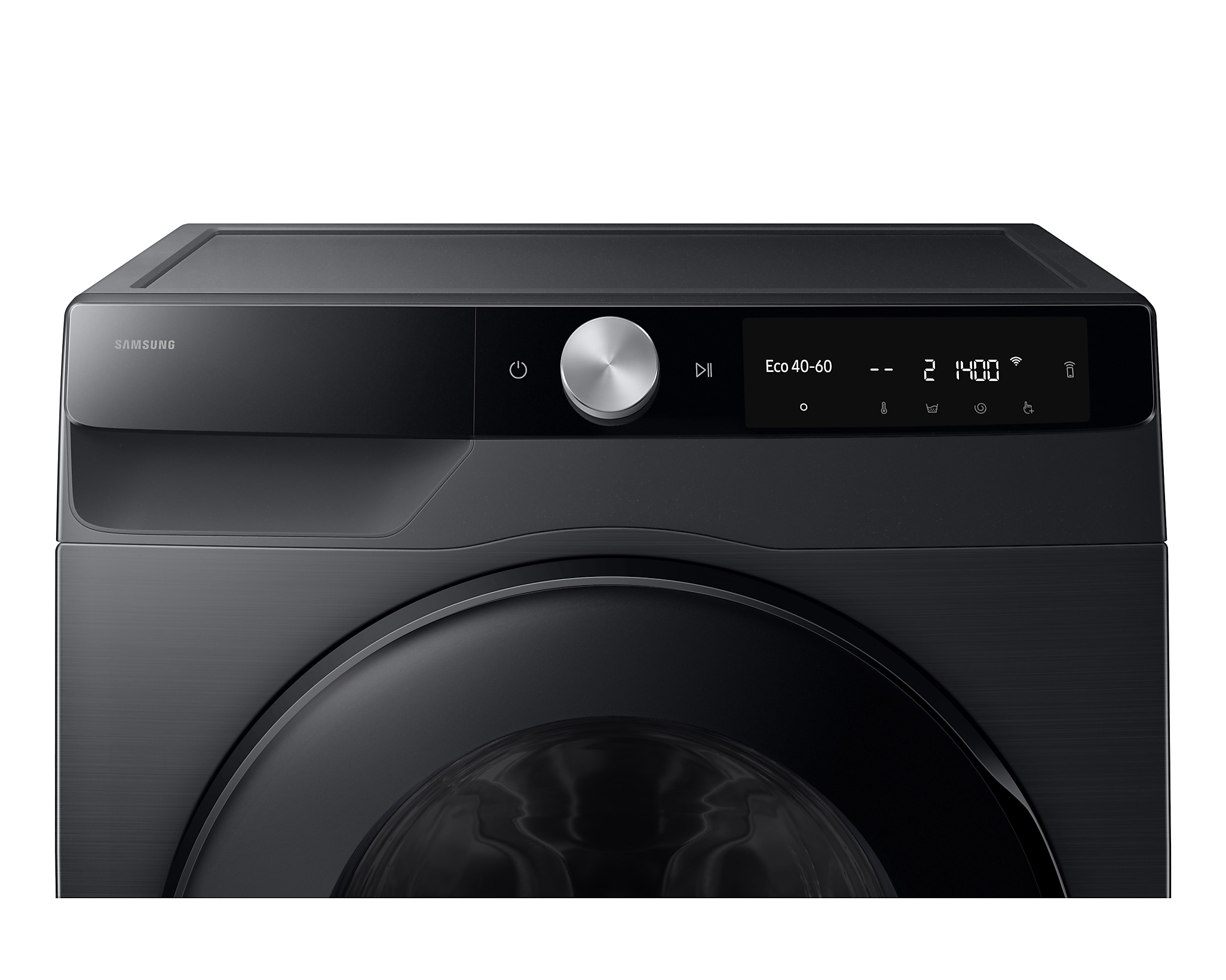 Gros plan sur le panneau de commande d'un lave-linge Samsung noir avec affichage numérique et boutons.
