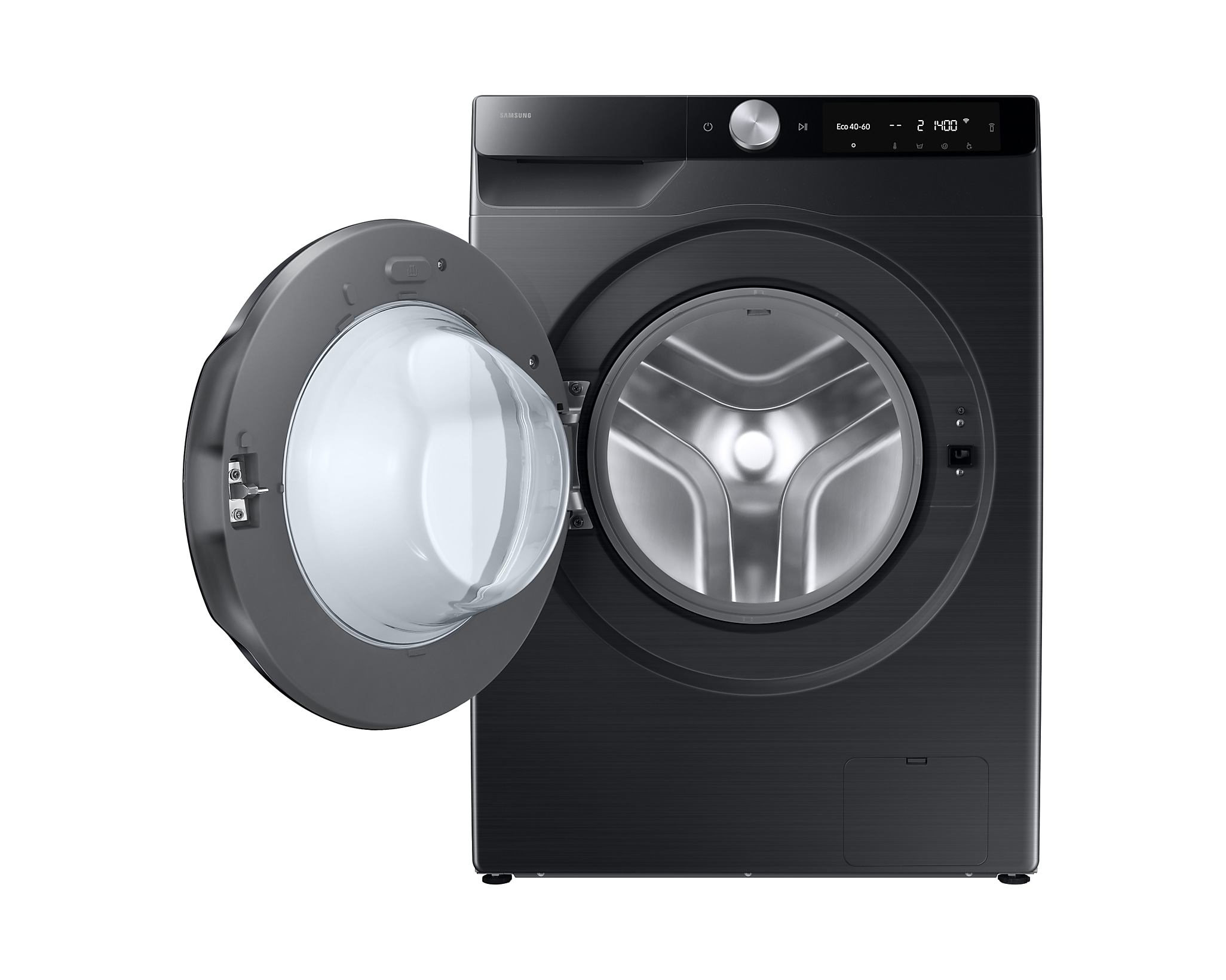 Lave-linge Samsung noir avec la porte ouverte. L'intérieur de la machine est visible.