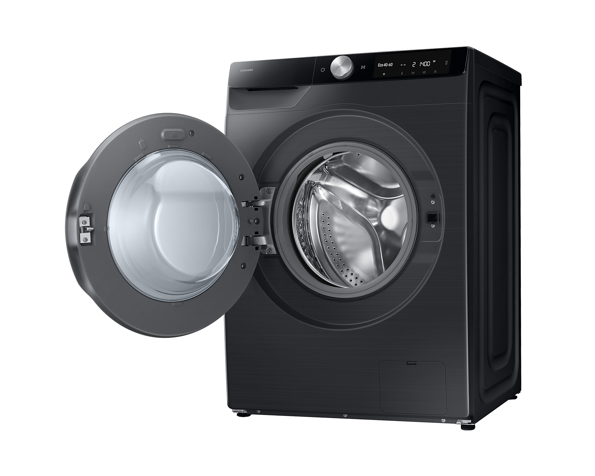 Lave-linge Samsung noir avec la porte ouverte, montrant le tambour intérieur. La machine est contre un mur blanc.