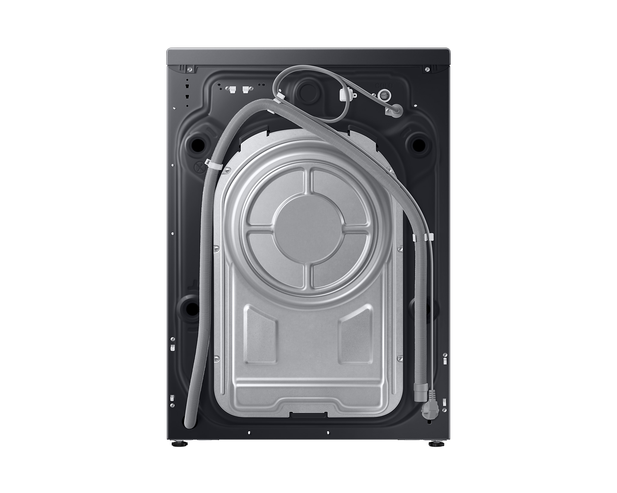 L'arrière d'un lave-linge Samsung noir, montrant les tuyaux, les composants électriques et une plaque métallique.