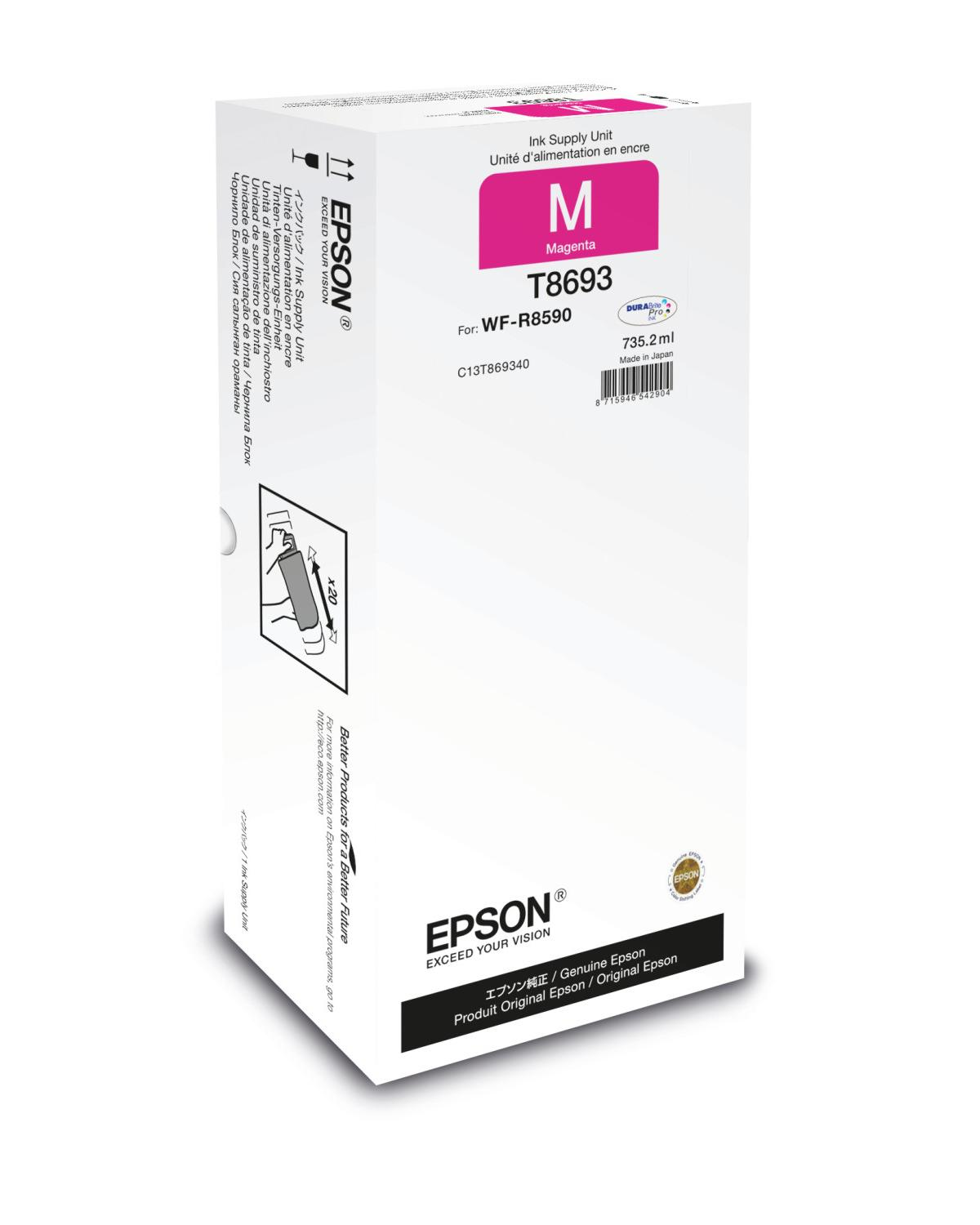 Una cartuccia di inchiostro magenta Epson in una scatola bianca con dettagli del prodotto e marchio, su sfondo bianco.