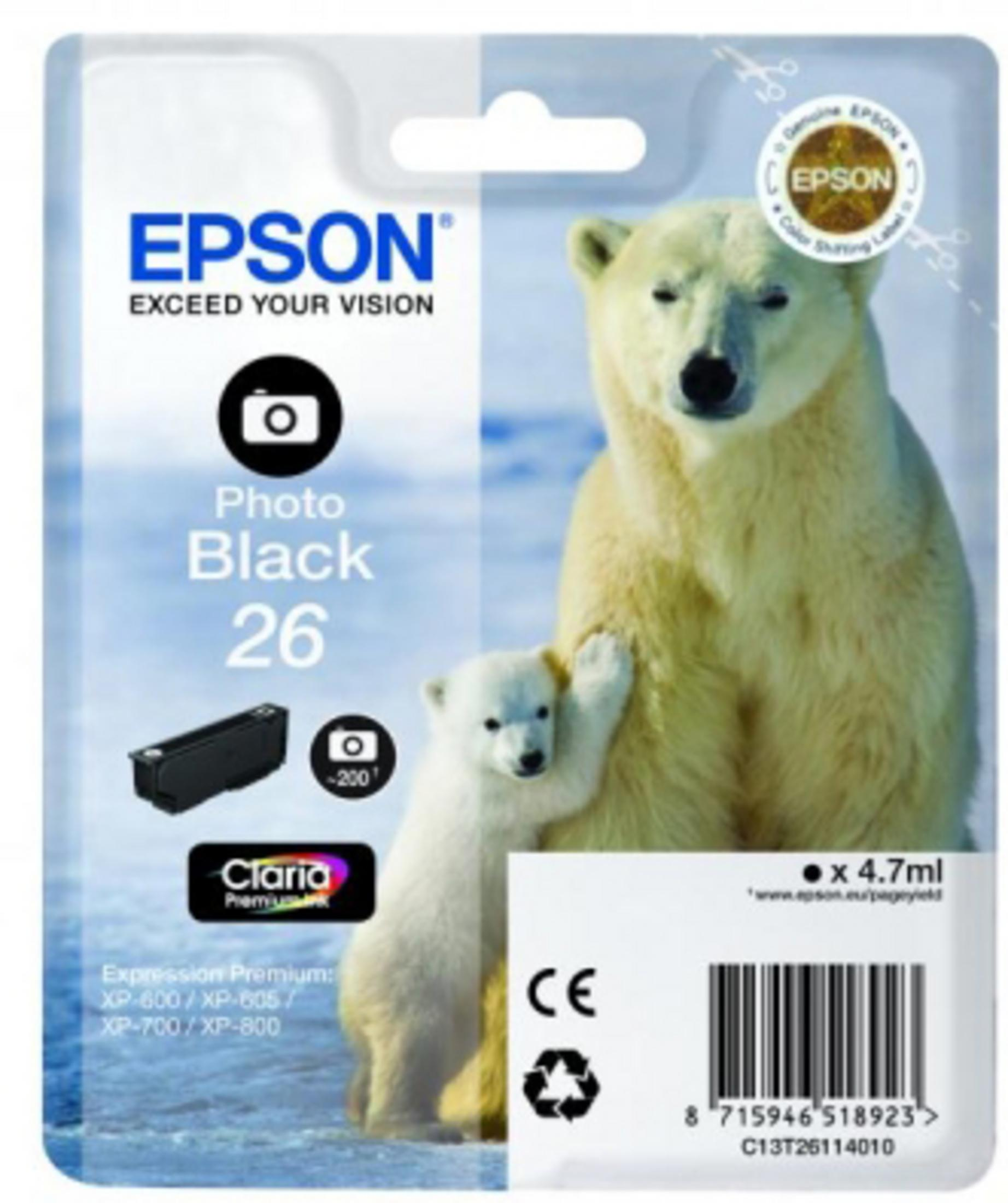 Confezione di inchiostro Epson con illustrazione di orso polare e cucciolo. Inchiostro nero 26, inchiostro premium Claria.