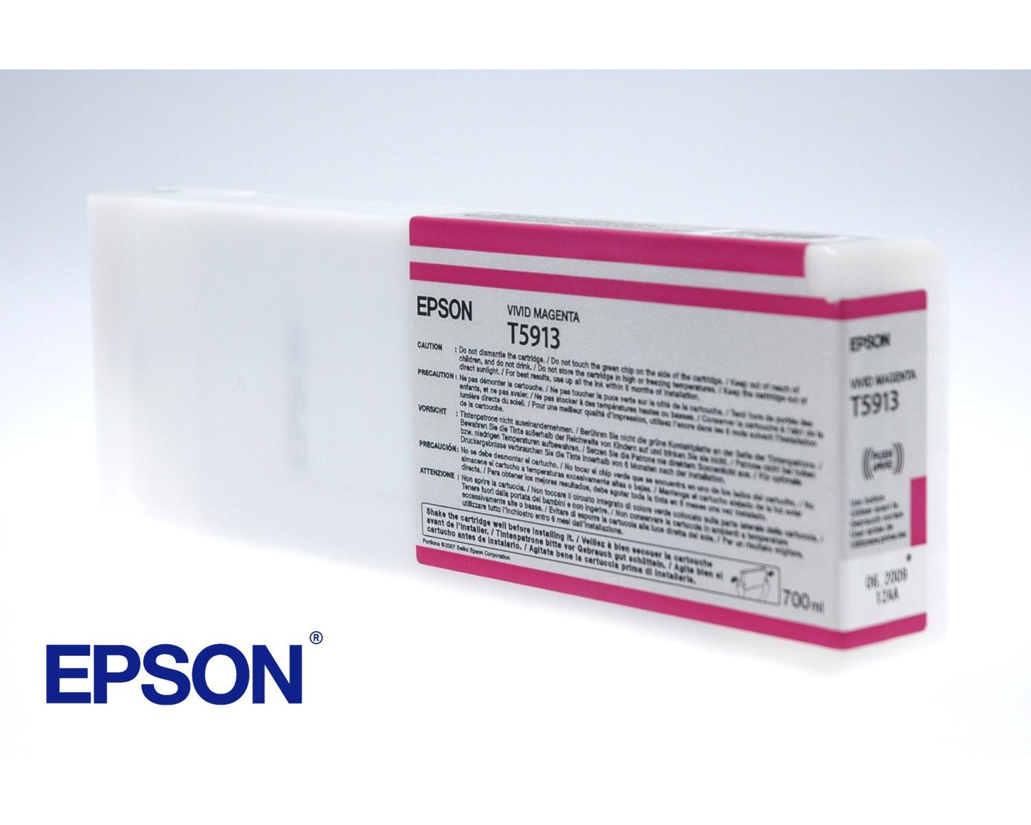 Una cartuccia di inchiostro Epson magenta intenso con dettagli del prodotto e marchio su sfondo bianco.