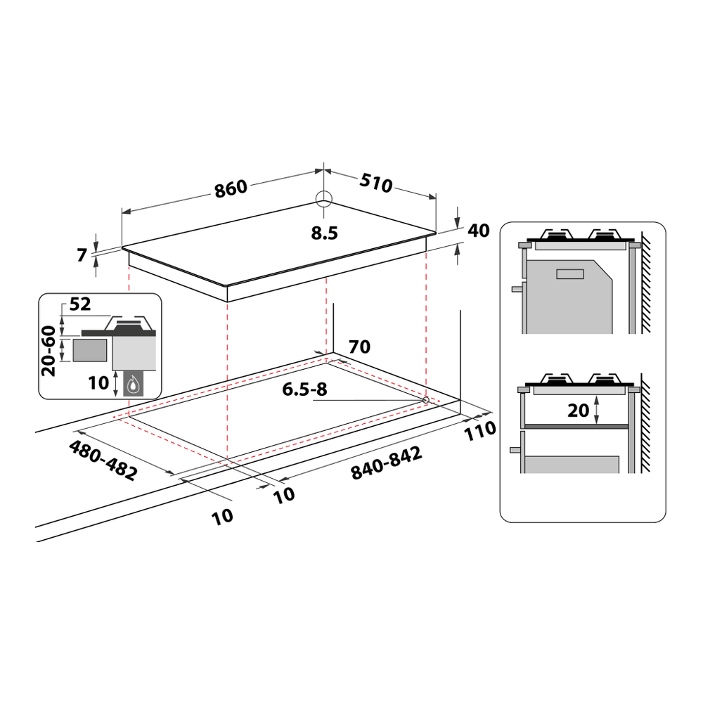 Dibujo técnico con dimensiones de una placa de gas, mostrando su diseño y medidas.