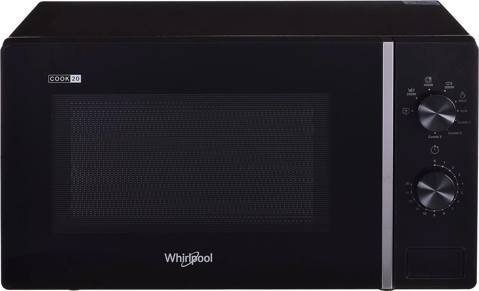 Un forno a microonde Whirlpool nero con manopole e il logo Cook 20. L'ora è mostrata.