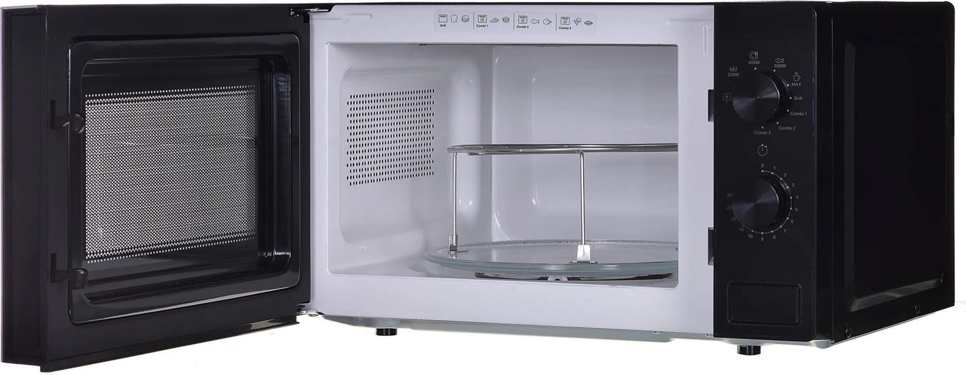 Un forno a microonde nero con la porta aperta. Un piatto di vetro e una griglia metallica sono all'interno.