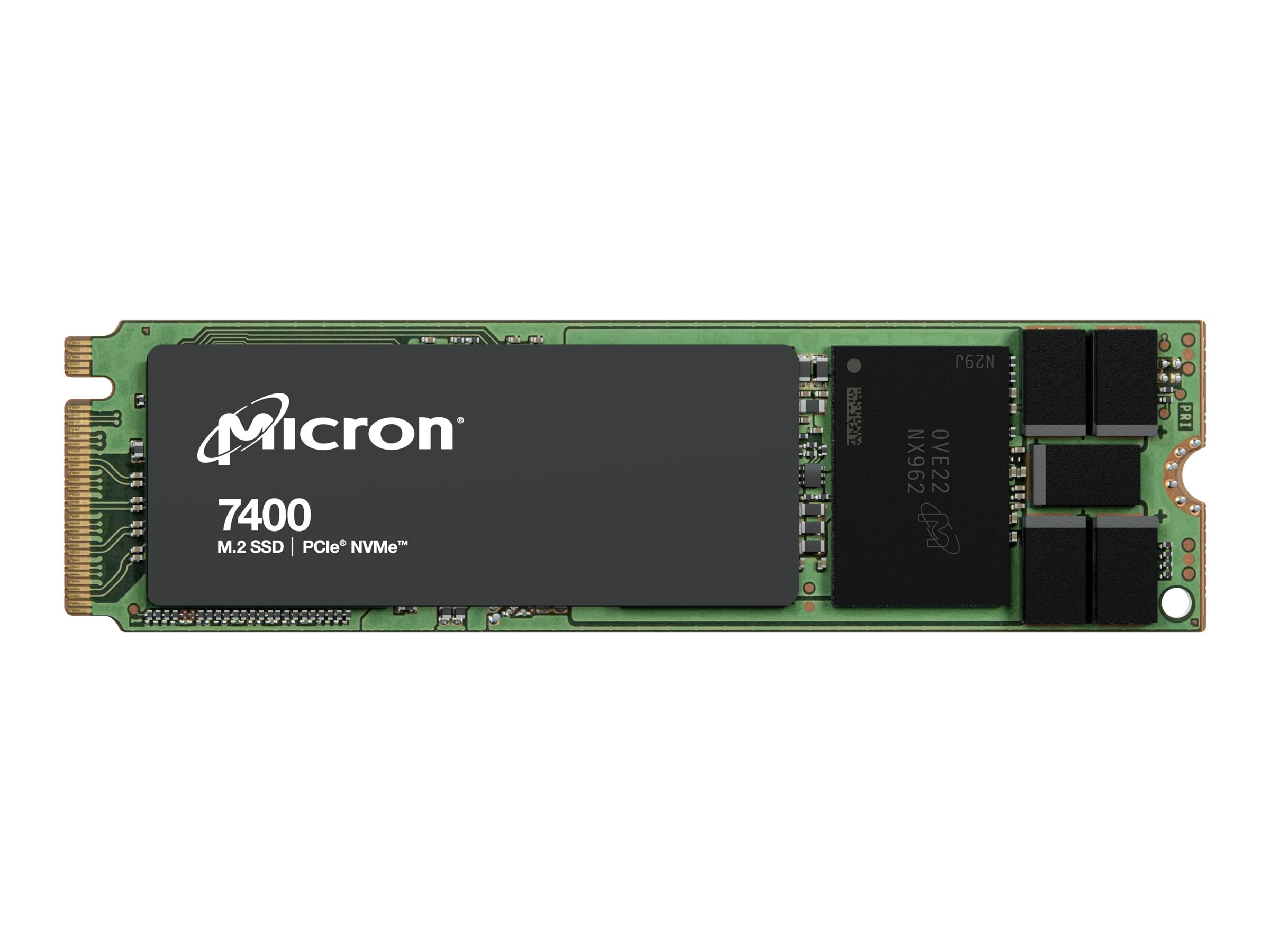 SSD Micron su un circuito stampato verde. È nero e ha un'etichetta.