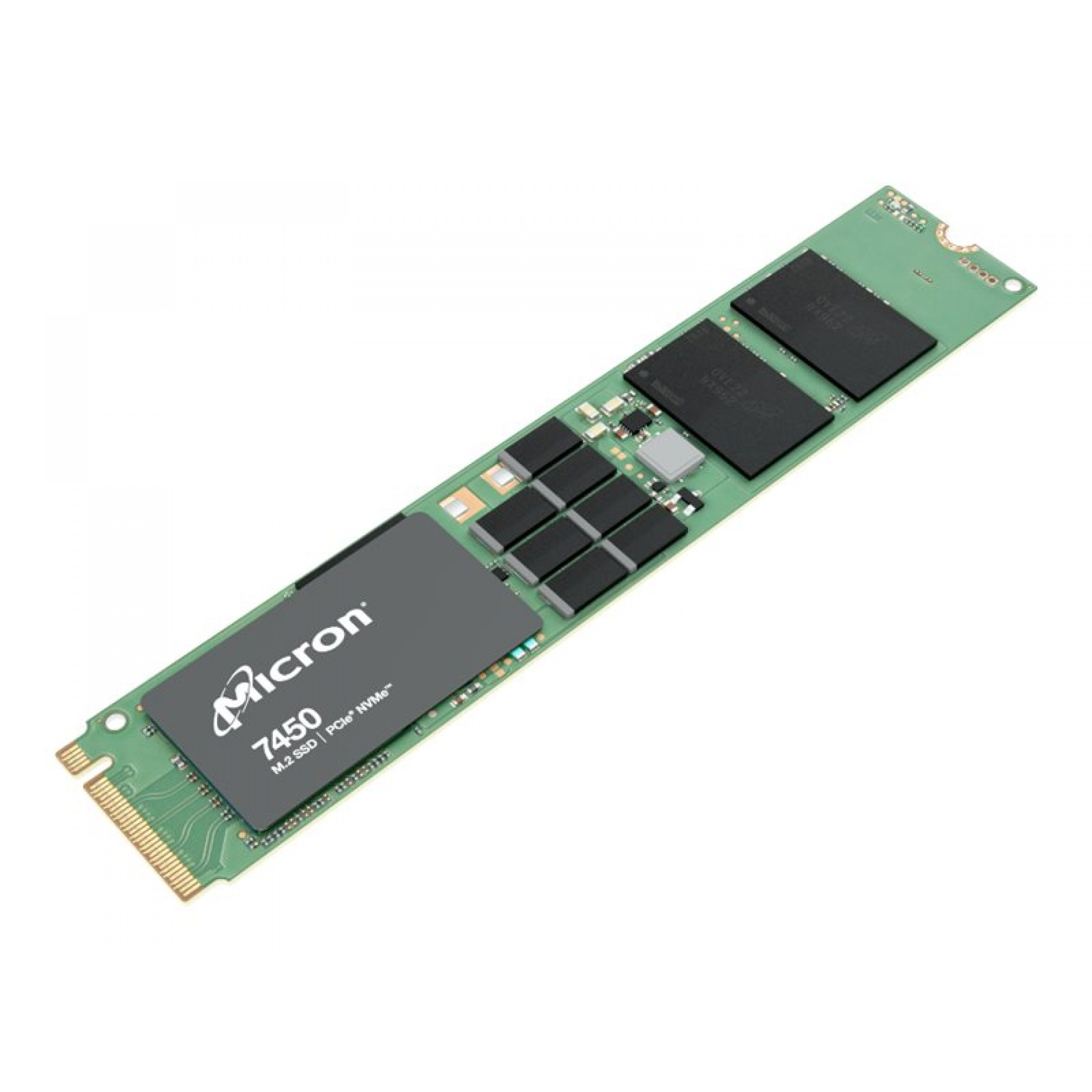Dysk SSD Micron na zielonej płytce drukowanej. Jest czarny i ma etykietę.
