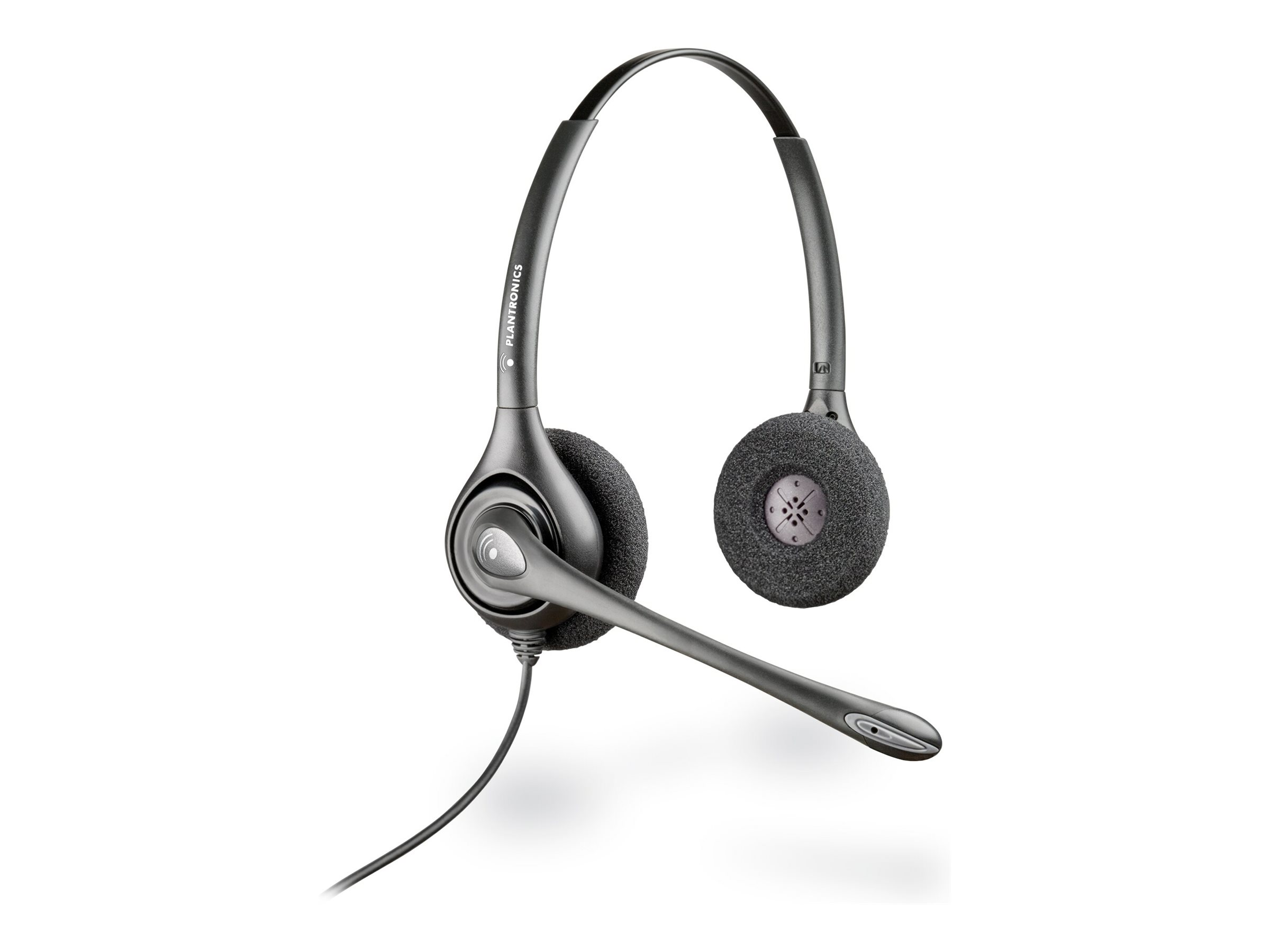 Cuffie Plantronics. Cuffie nere con cuscinetti auricolari e braccio microfono.