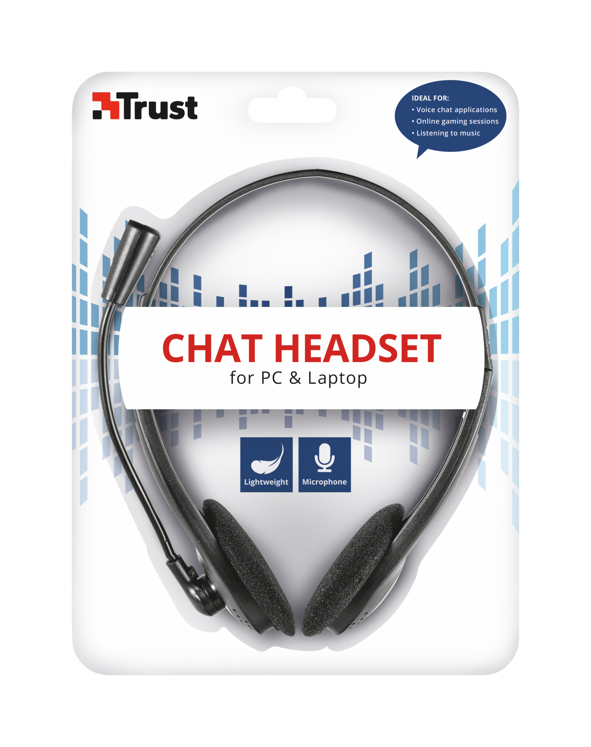 Trust Chat Headset-Verpackung. Schwarzes Headset mit Mikrofon, auf weiß-blauem Hintergrund. Text: Chat Headset.