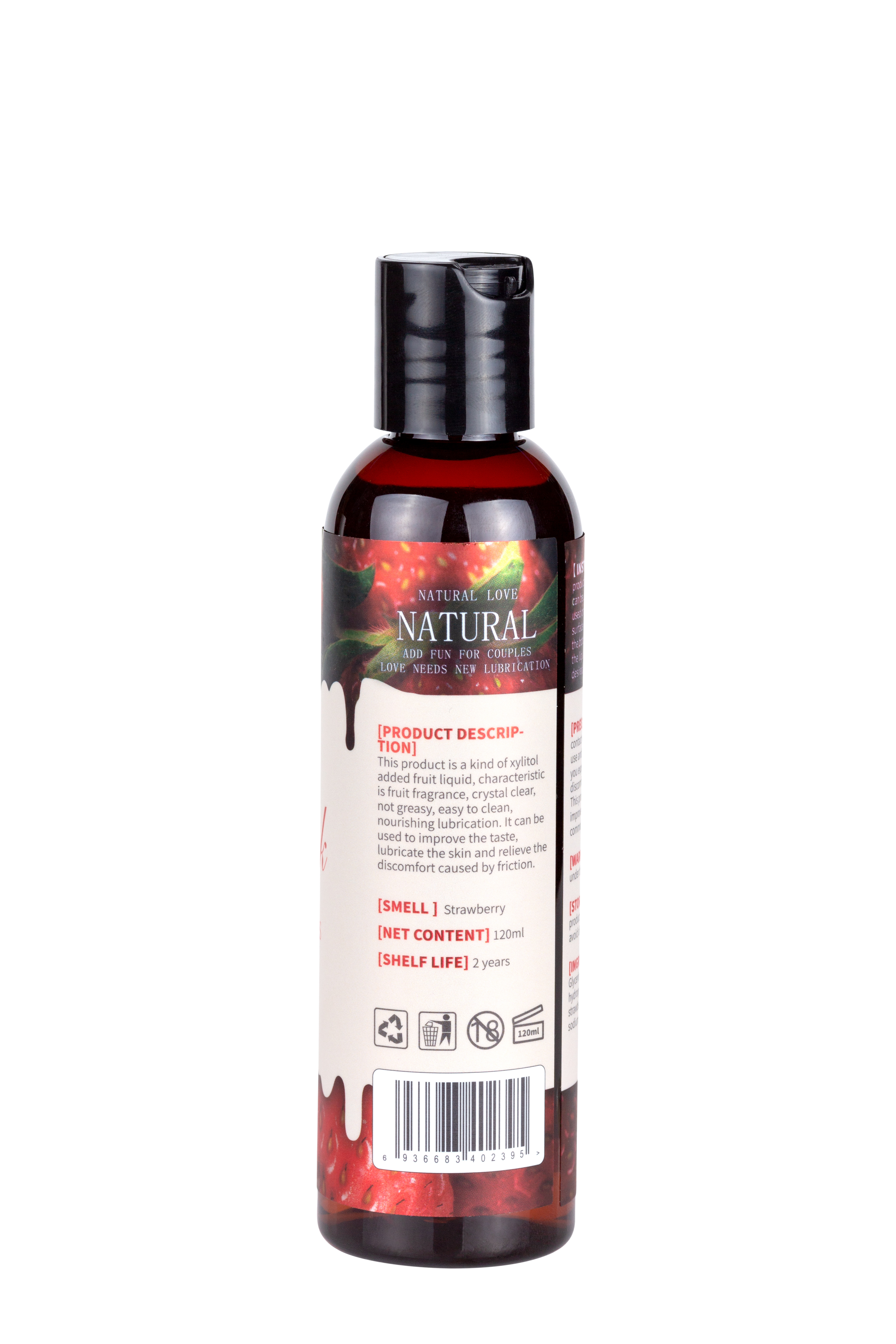 Una botella de lubricante con sabor a fresa con tapa negra. Texto visible con detalles del producto. Fondo blanco.