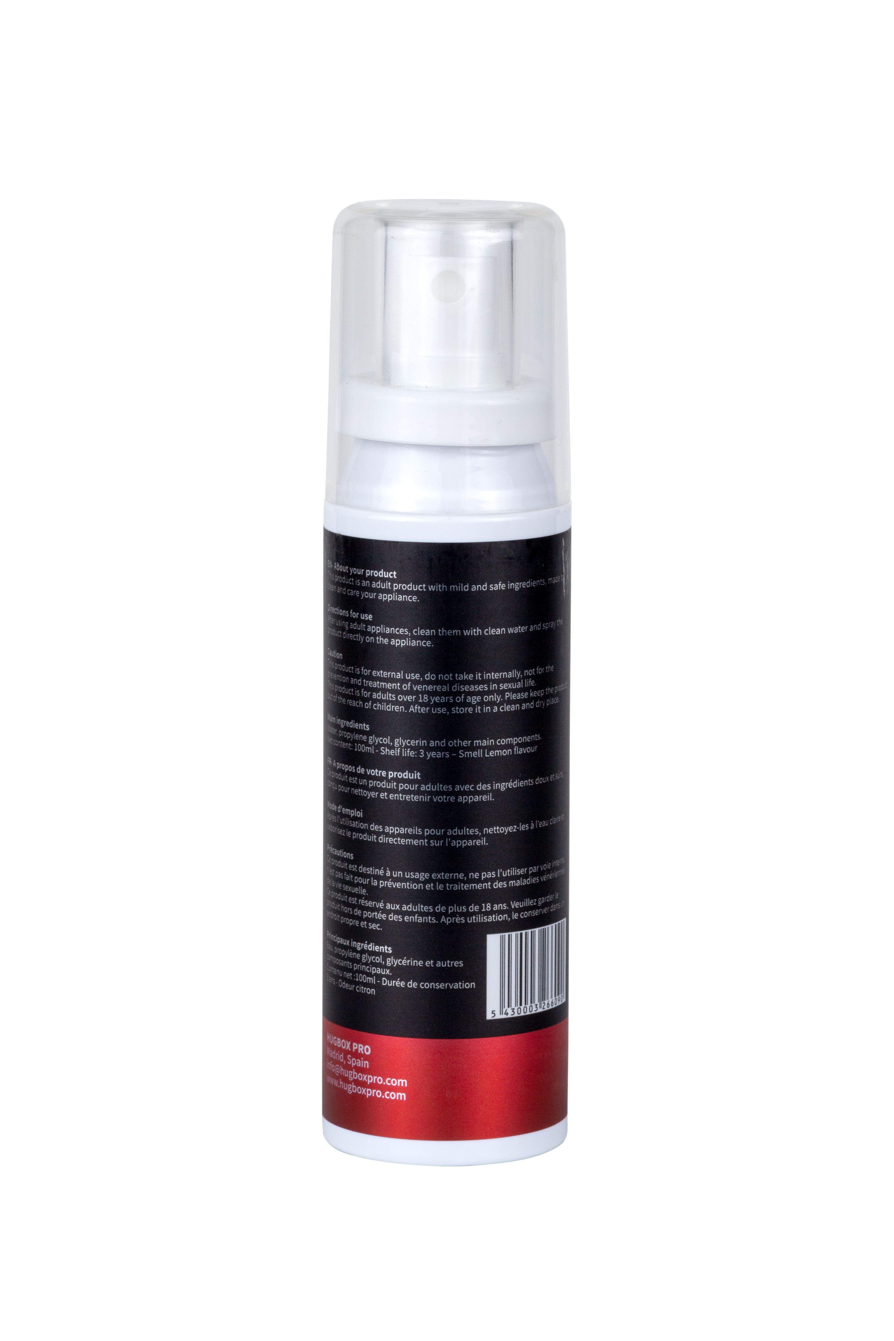 Una botella blanca con etiqueta negra y la palabra 'Cleanser'. La parte superior es blanca con pulverizador. Raya roja abajo.