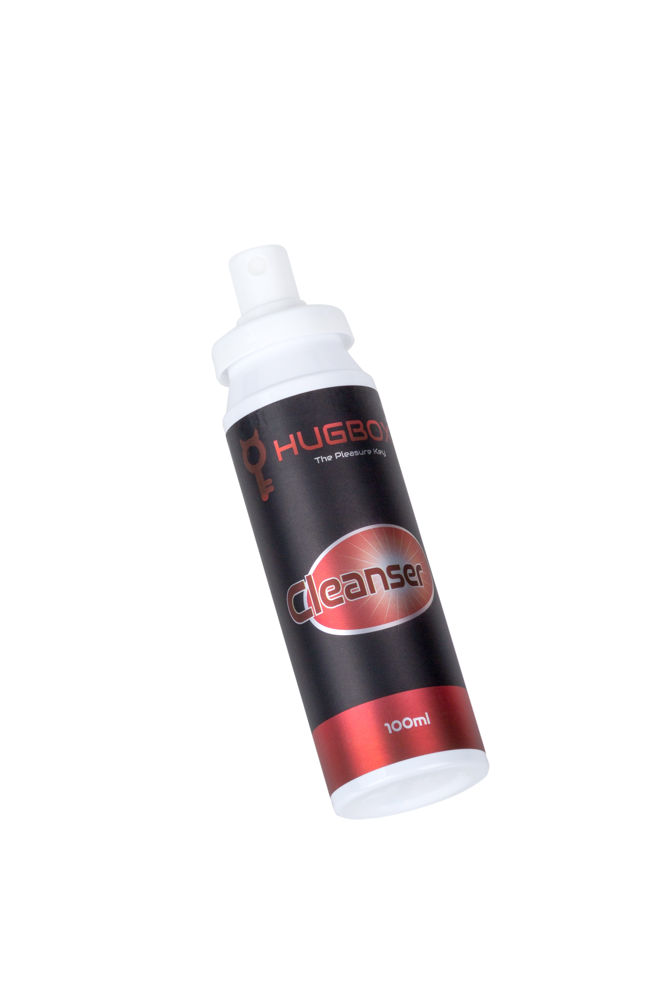 Una botella blanca, etiqueta negra y raya roja con la palabra 'Cleanser'. La parte superior es blanca con pulverizador. Vista en ángulo.