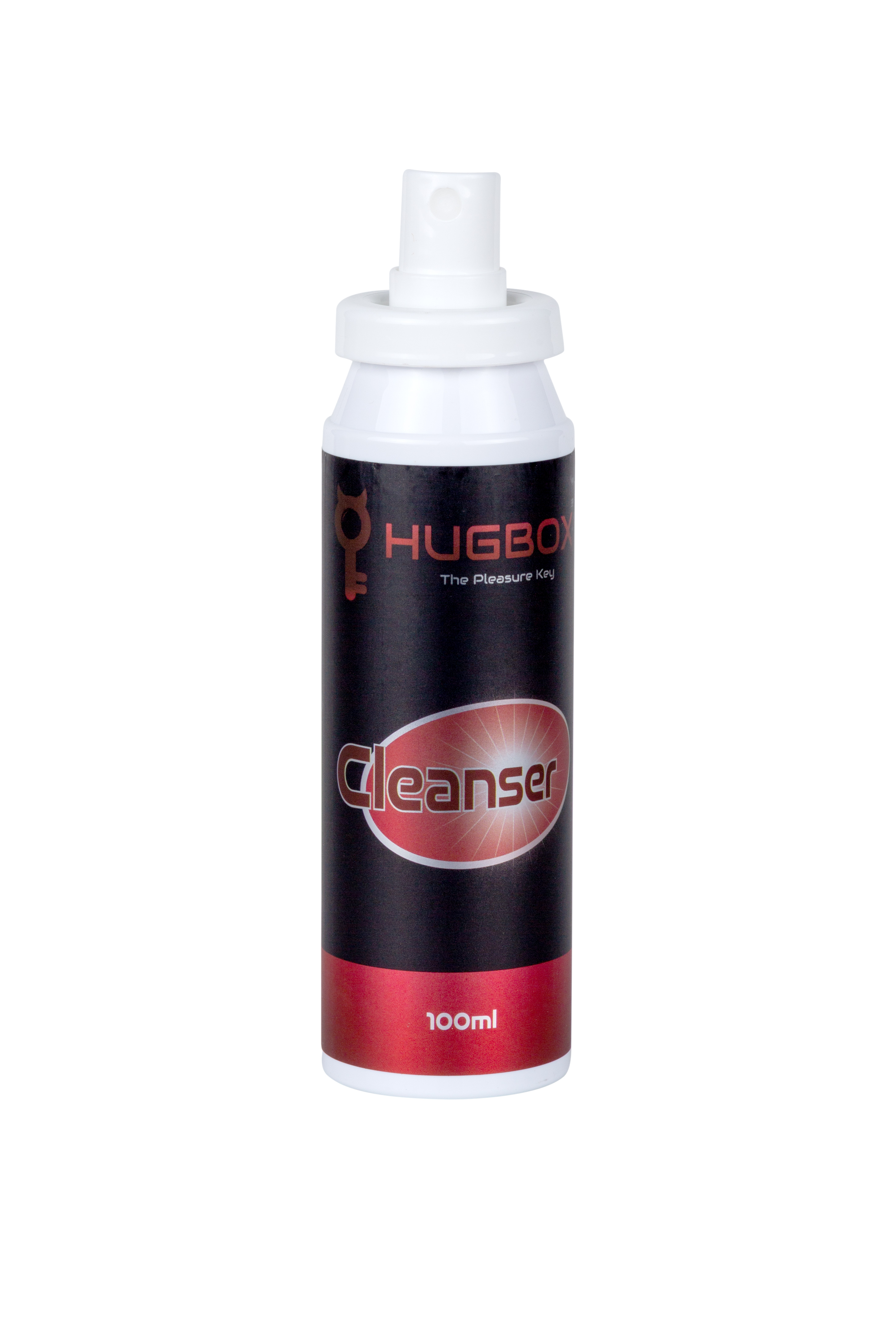Una botella blanca con etiqueta negra, raya roja y la palabra 'Cleanser'. La parte superior es blanca con pulverizador. 100ml.