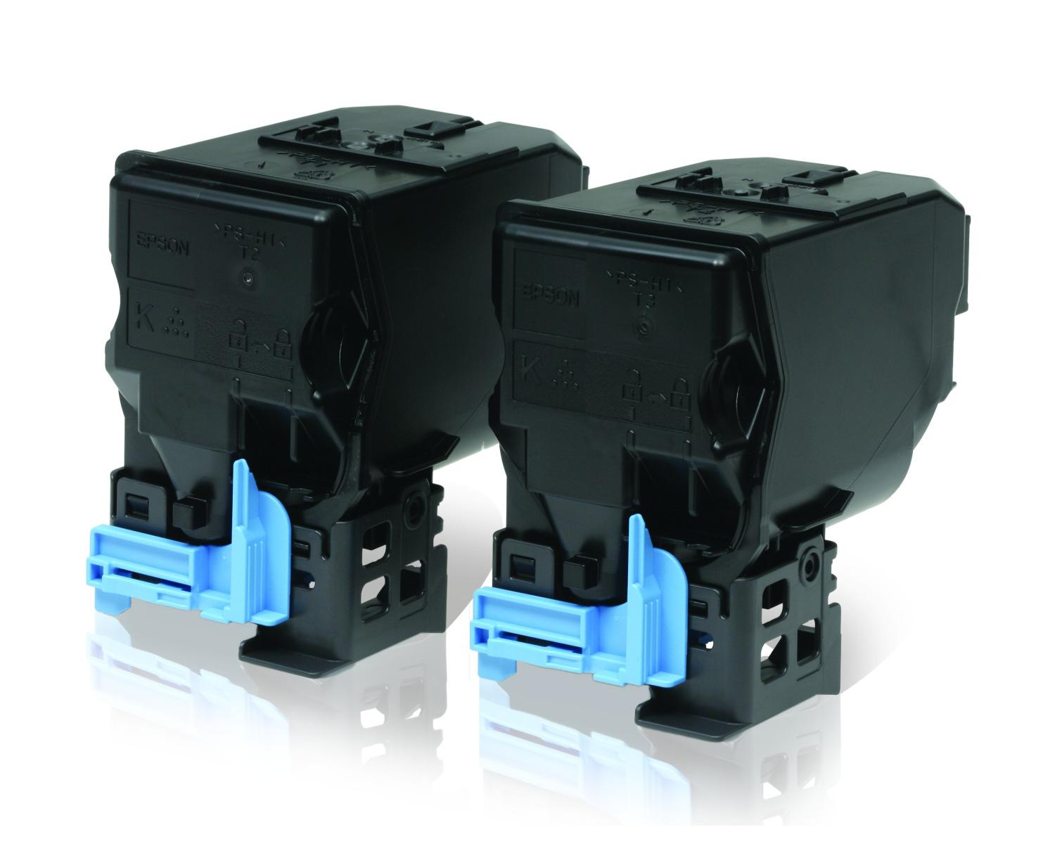 Due cartucce toner Epson nere con dettagli blu, su sfondo bianco.