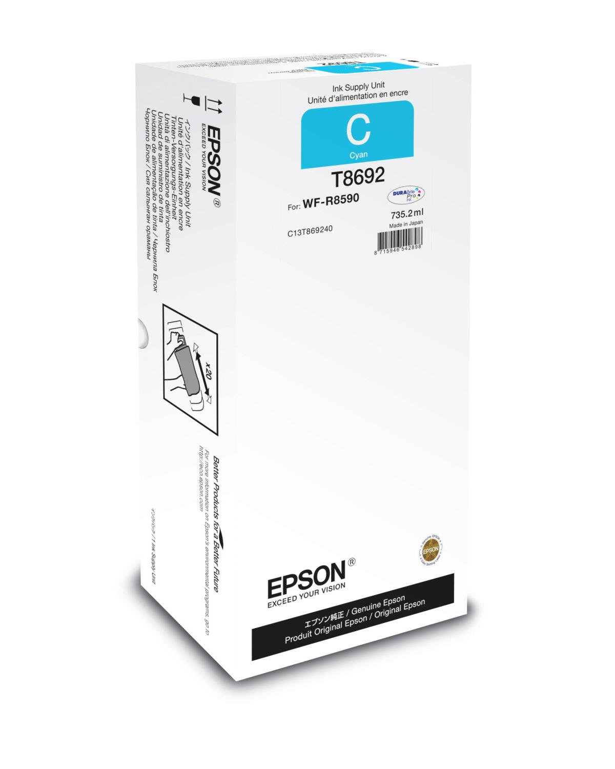 Scatola cartuccia inchiostro Epson ciano. Immagine inchiostro blu, scatola bianca, testo vario. Sfondo bianco.
