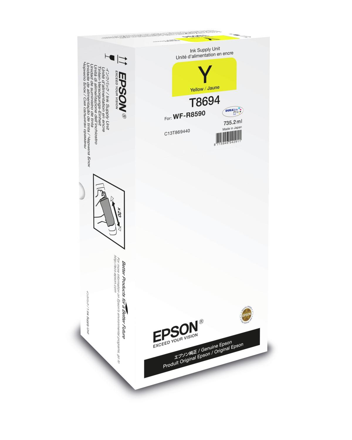 Scatola dell'unità di alimentazione inchiostro Epson, bianca con dettagli inchiostro giallo, su una superficie bianca.