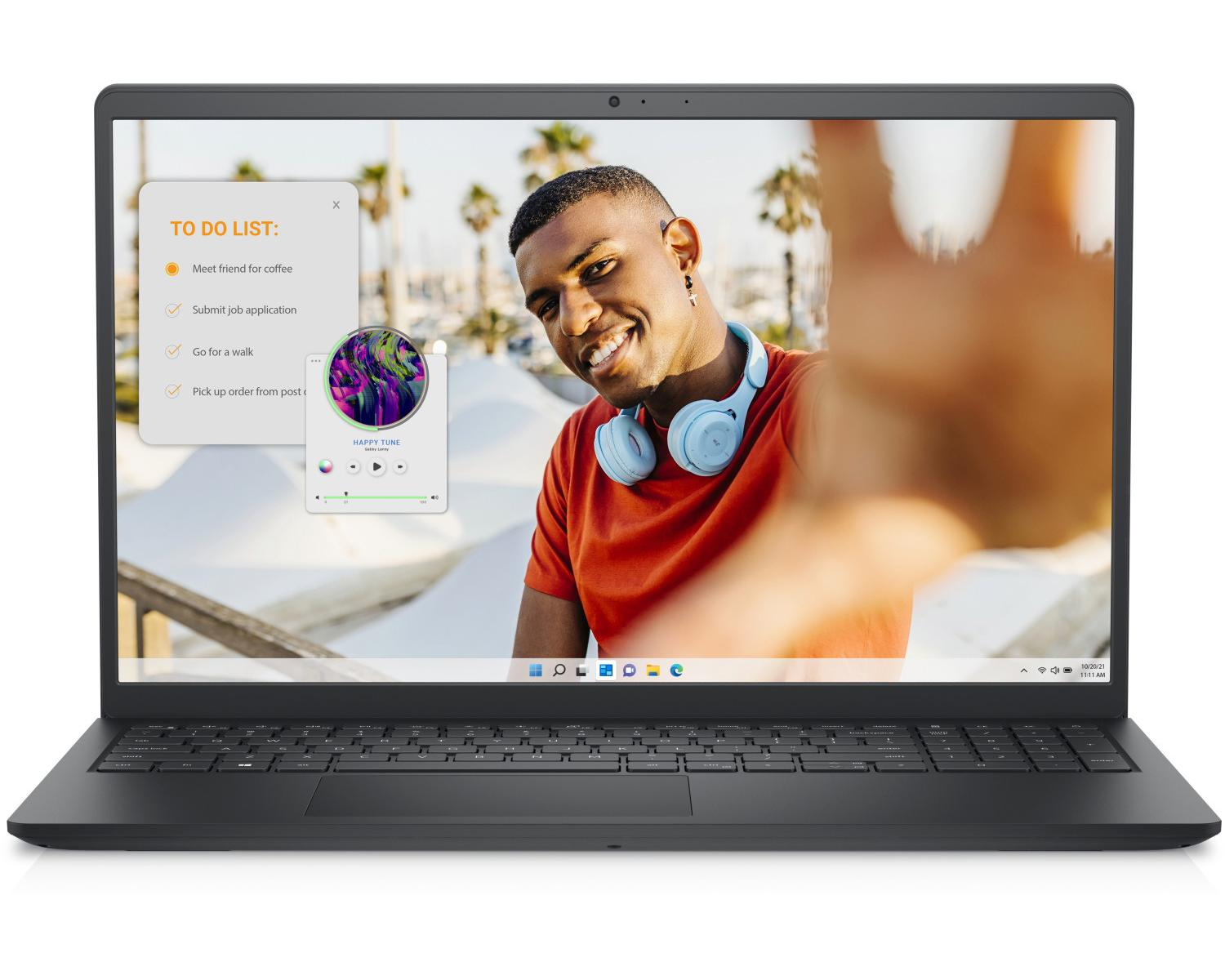 Laptop con un uomo che fa un selfie. Lista di cose da fare e widget del lettore musicale sullo schermo.