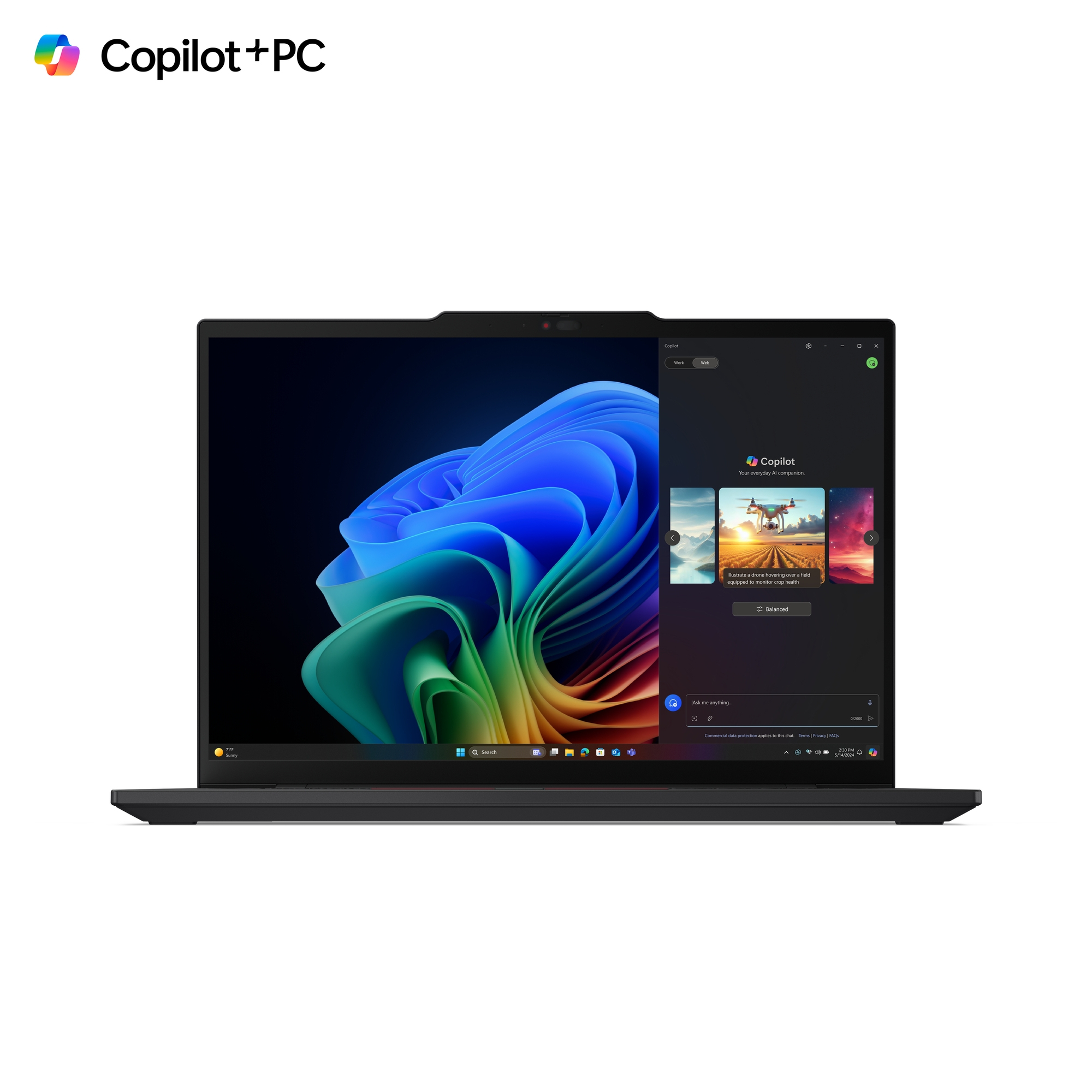 Laptop nero aperto, che mostra uno schermo con un'immagine blu e verde. Logo Copilot+PC in alto a sinistra.