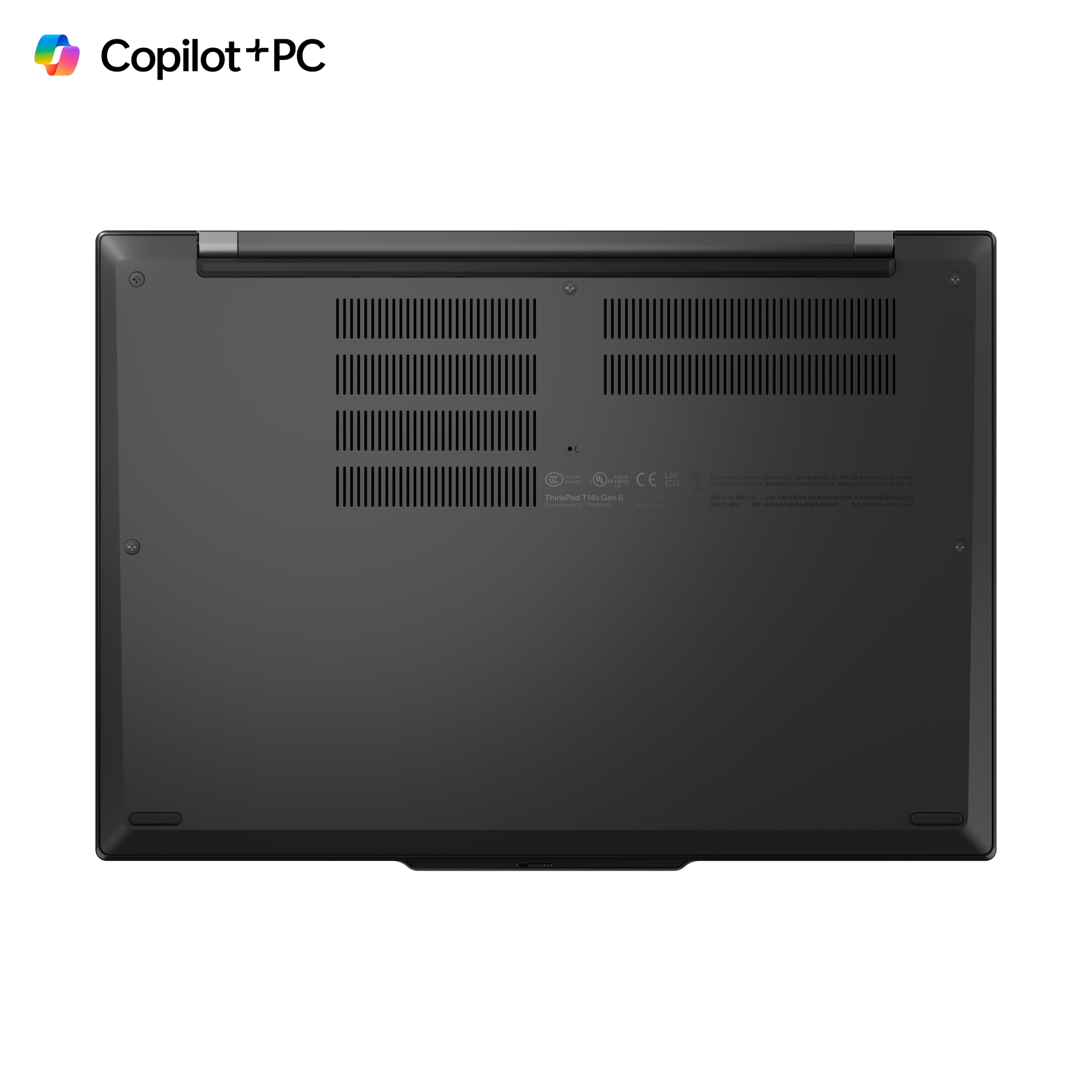 La parte inferiore di un laptop nero. Marca ThinkPad. Si vedono prese d'aria e viti.