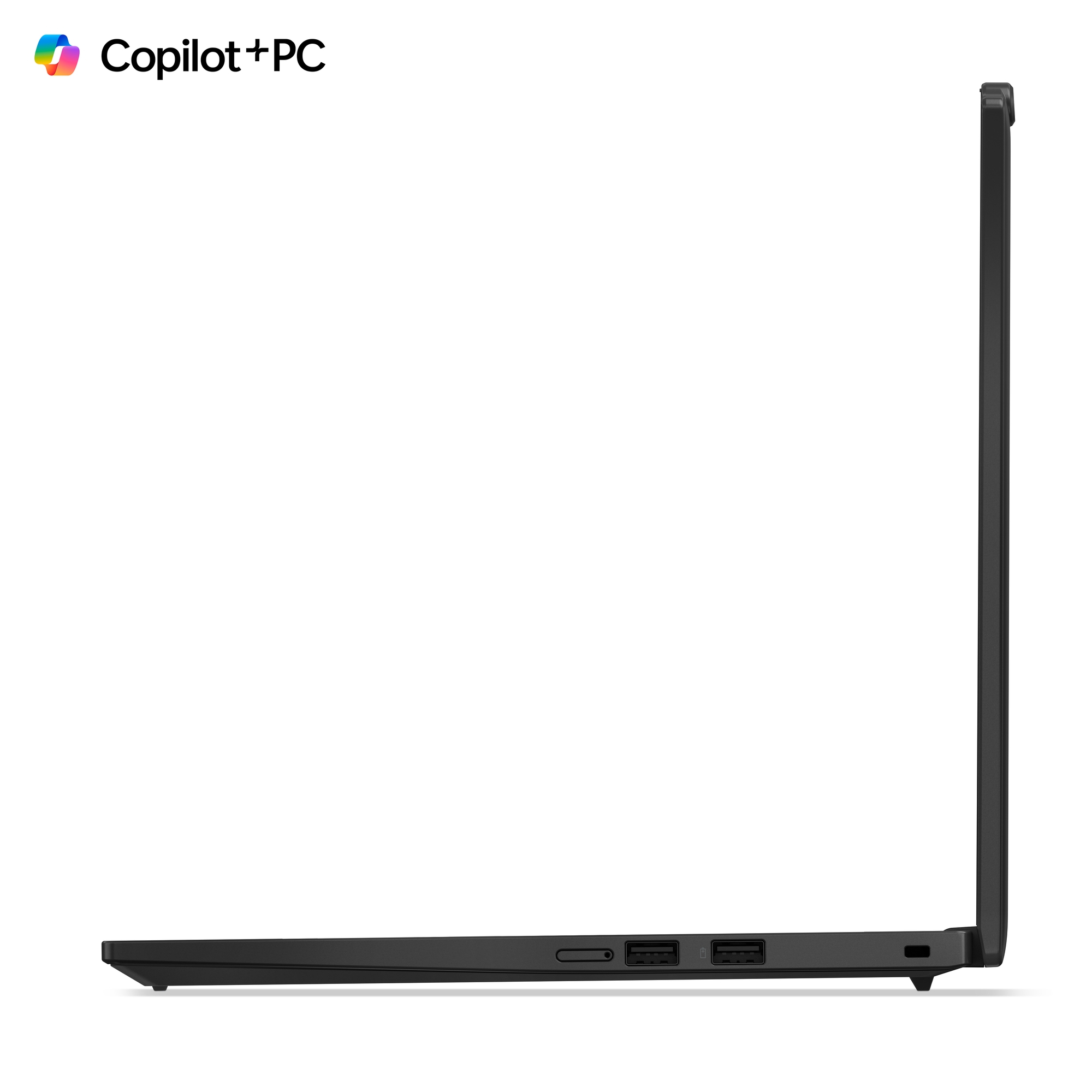 Vista laterale di un laptop nero. Mostra il lato con le porte. Sfondo bianco.