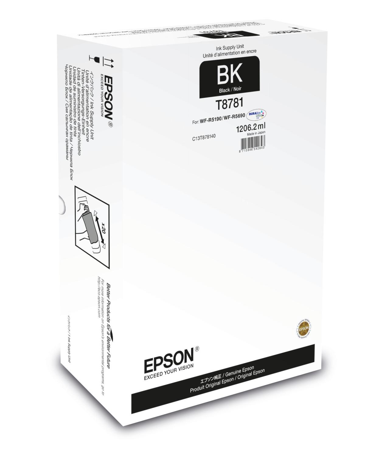 Scatola dell'unità di alimentazione inchiostro Epson, bianca con dettagli inchiostro nero, su una superficie bianca.
