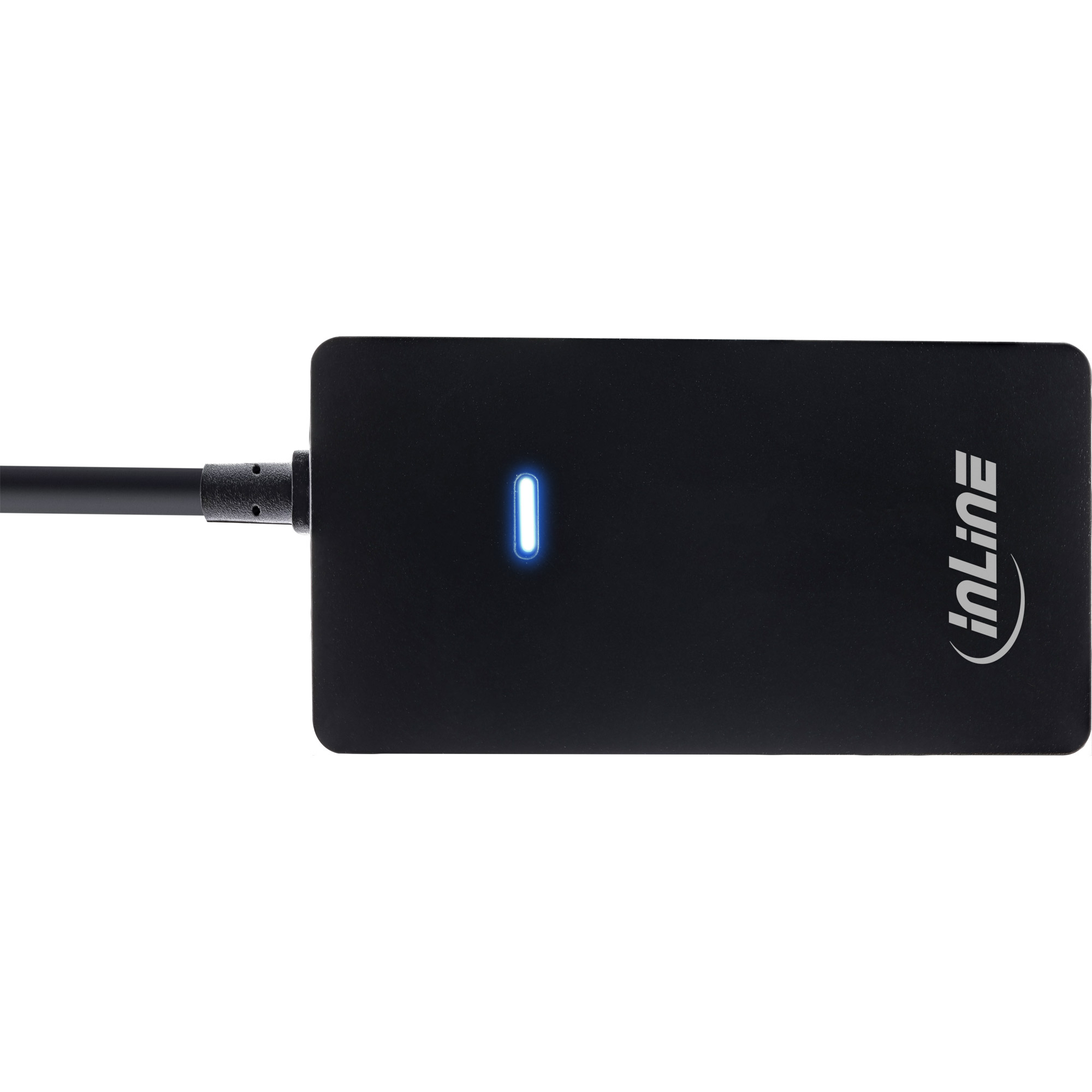 Hub USB nero con un cavo USB, una luce blu e il logo inLine, su sfondo bianco.