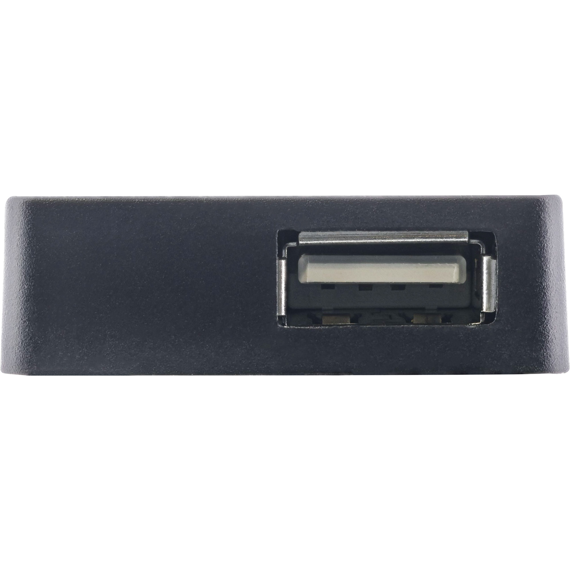 Primo piano di un hub USB nero con una porta USB visibile. L'hub è su sfondo bianco.