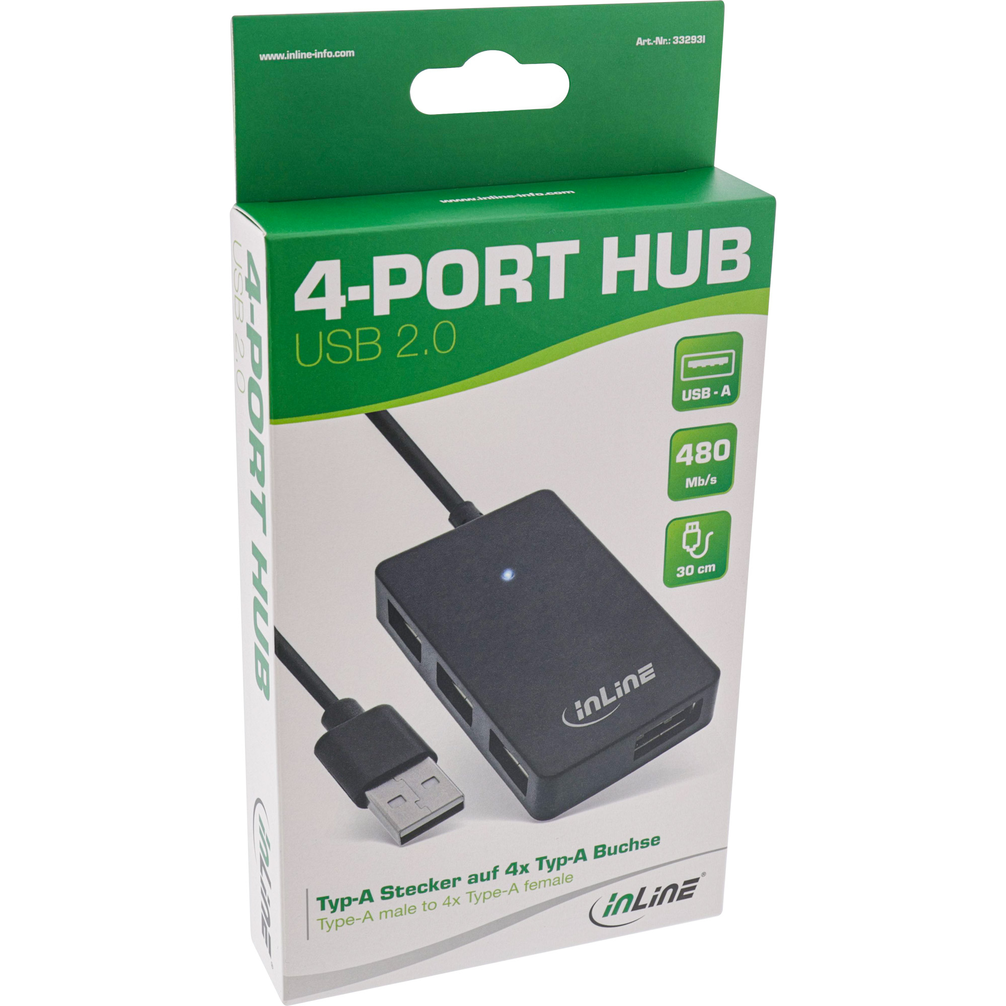 Scatola di un hub USB a 4 porte con cavo USB e il logo inLine, su sfondo bianco.