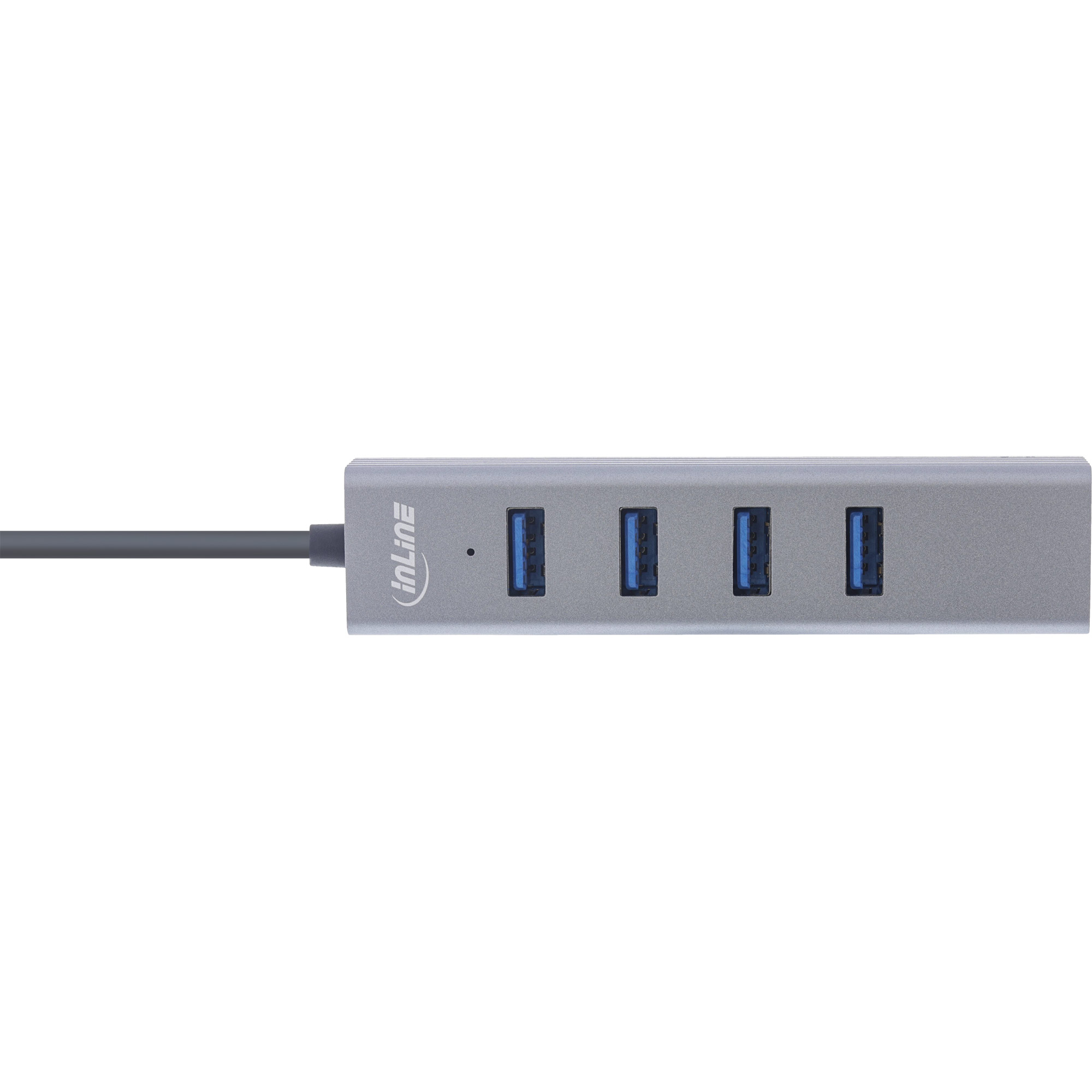 Hub USB argentato con quattro porte USB e il logo inLine. L'hub è su sfondo bianco.