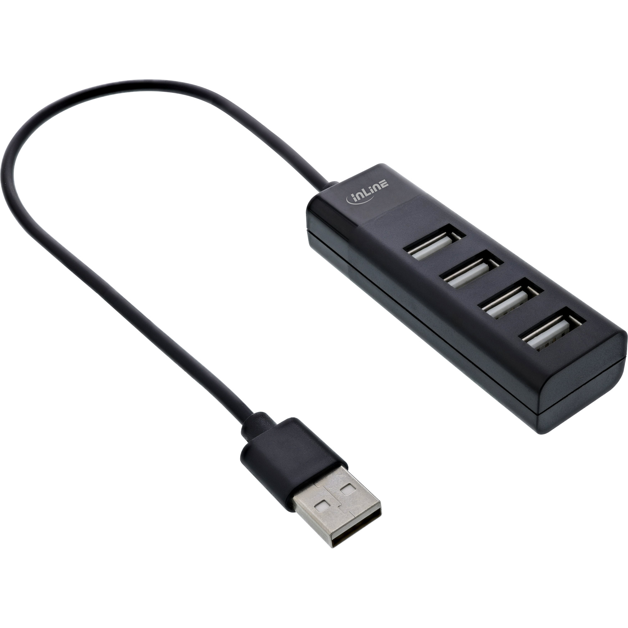 Hub USB nero con quattro porte e un cavo USB collegato.
