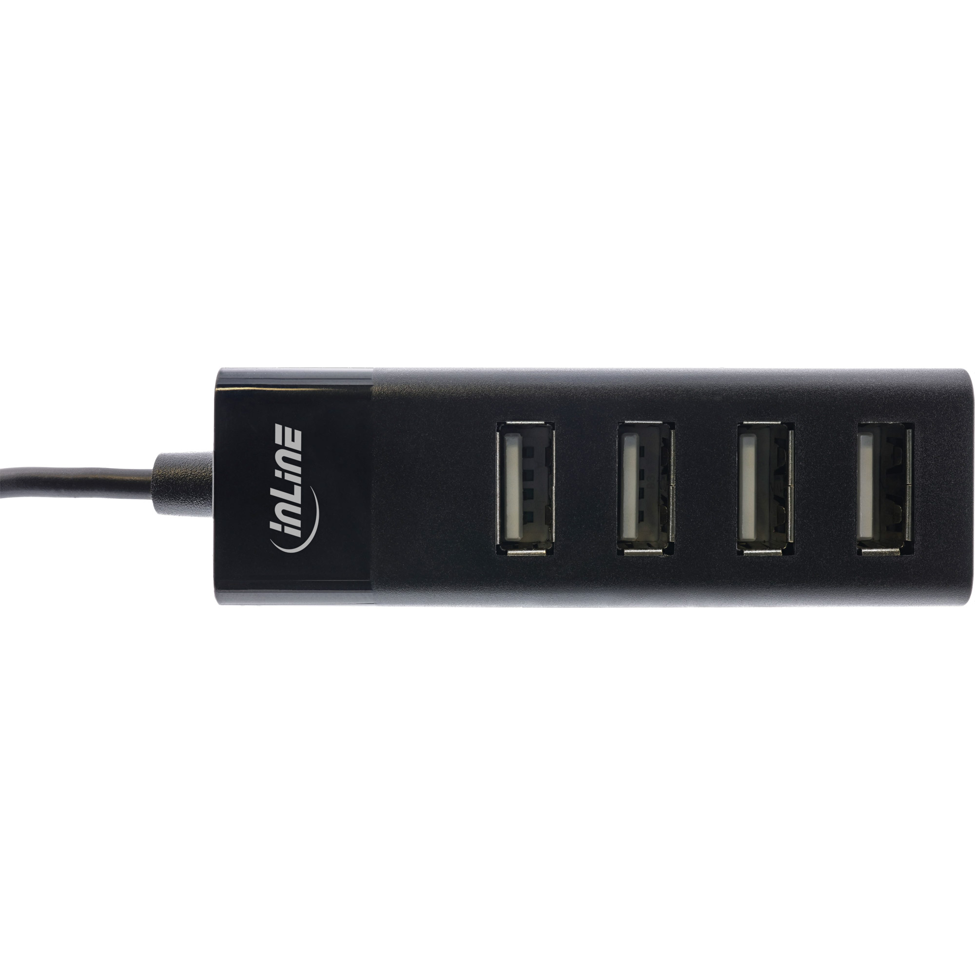 Hub USB nero con quattro porte USB e il logo inLine, su sfondo bianco.