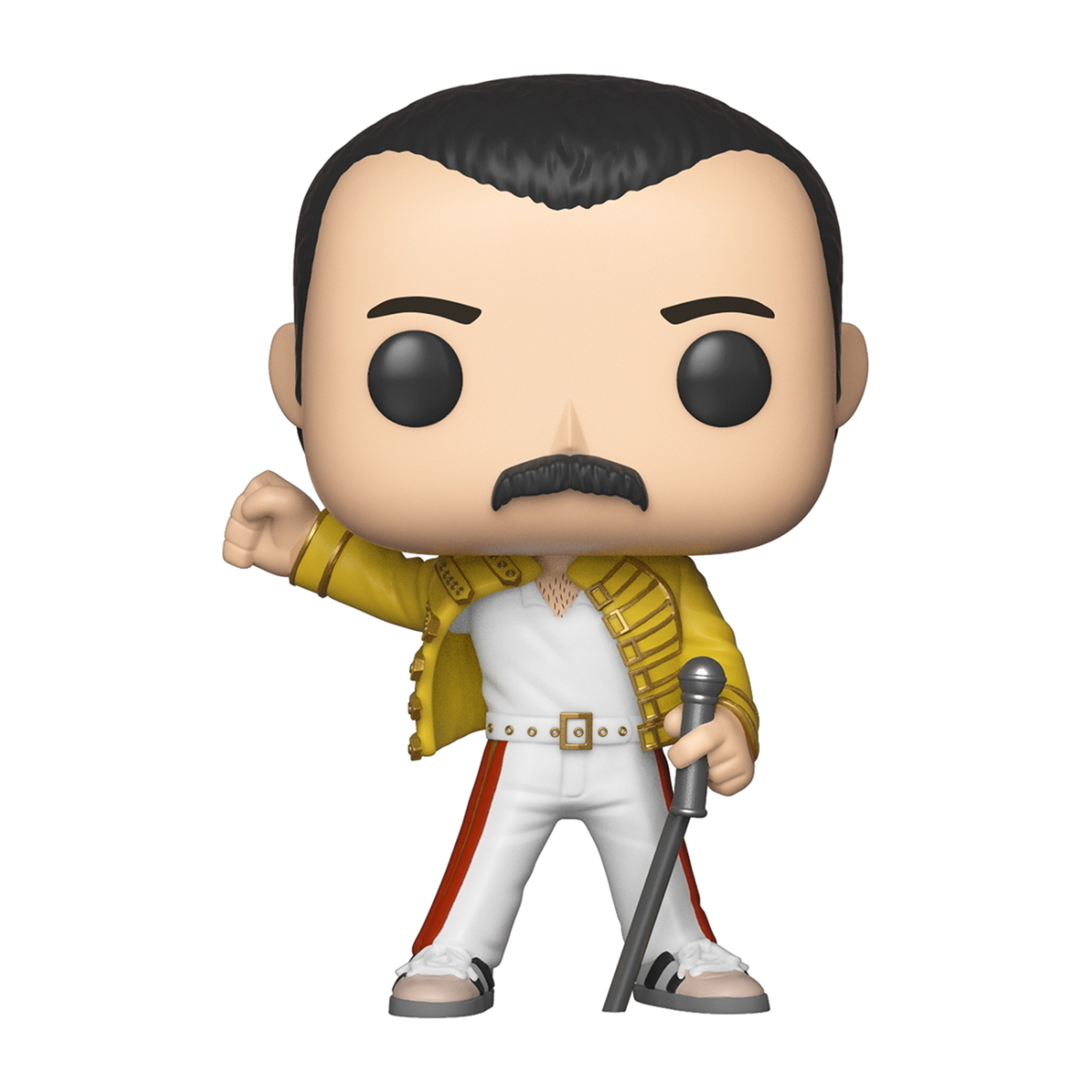 Figura Funko Pop di Freddie Mercury con giacca gialla, pantaloni bianchi, microfono.
