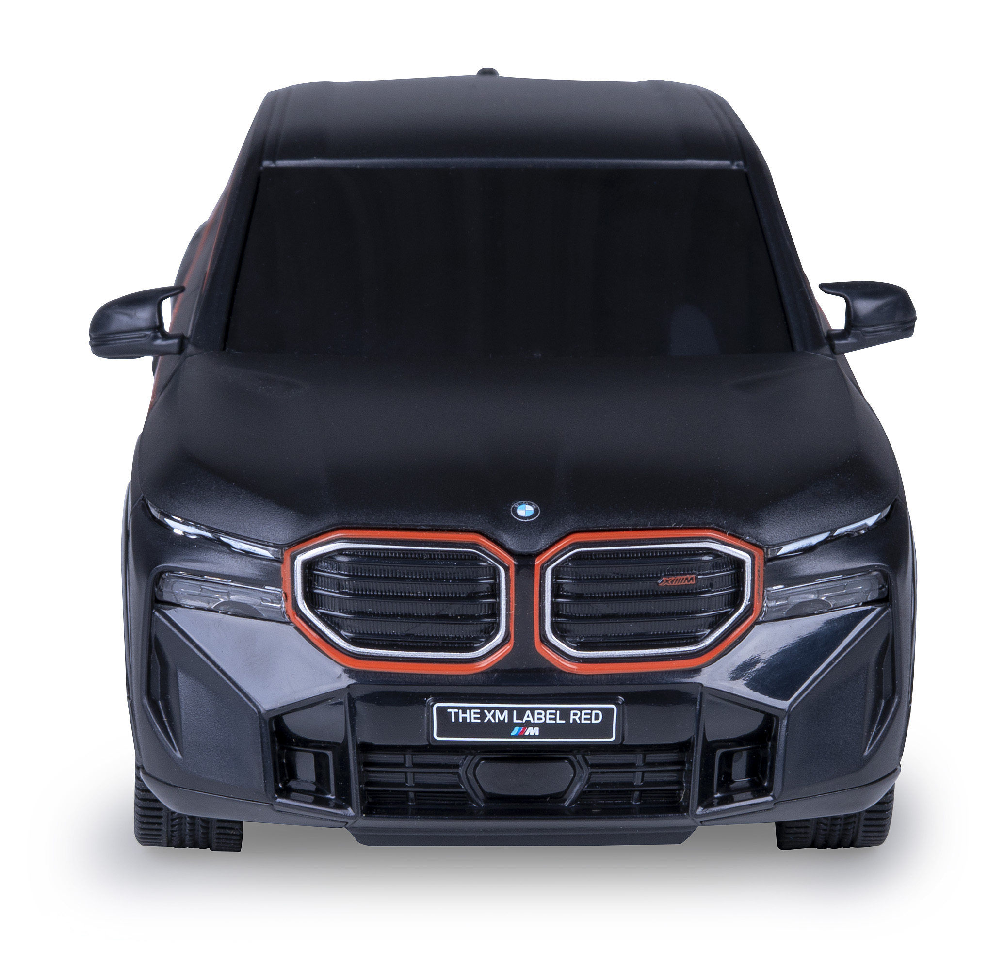 Schwarzes BMW-Automodell, Frontansicht, rote Akzente und XM LABEL RED vorne.
