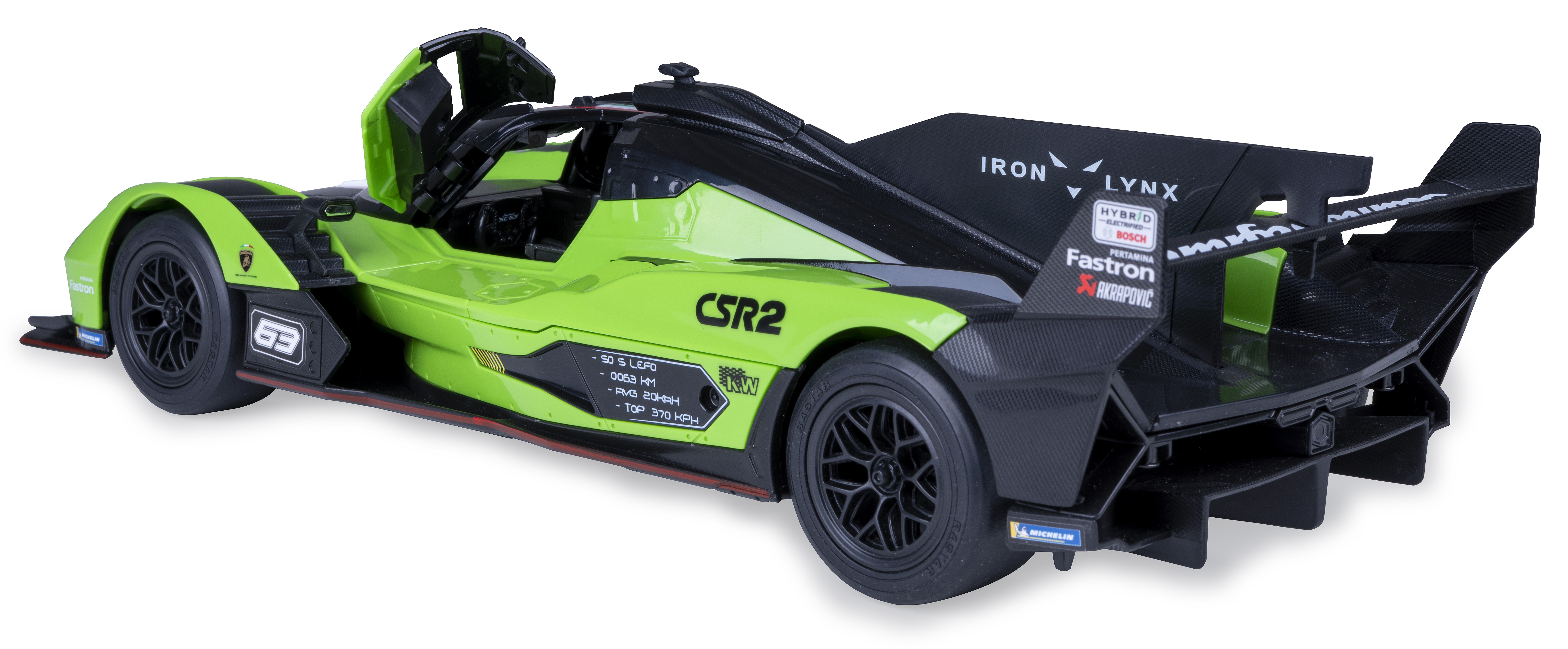 Grünes Rennwagenmodell mit offener Tür, schwarz-weißen Akzenten und CSR2-Logo.