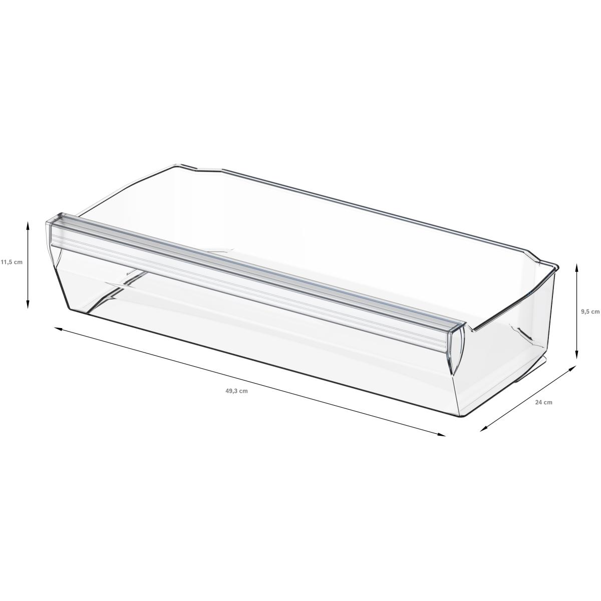 Przezroczysty pojemnik z tworzywa sztucznego z wymiarami. Prostokątny, do lodówki.