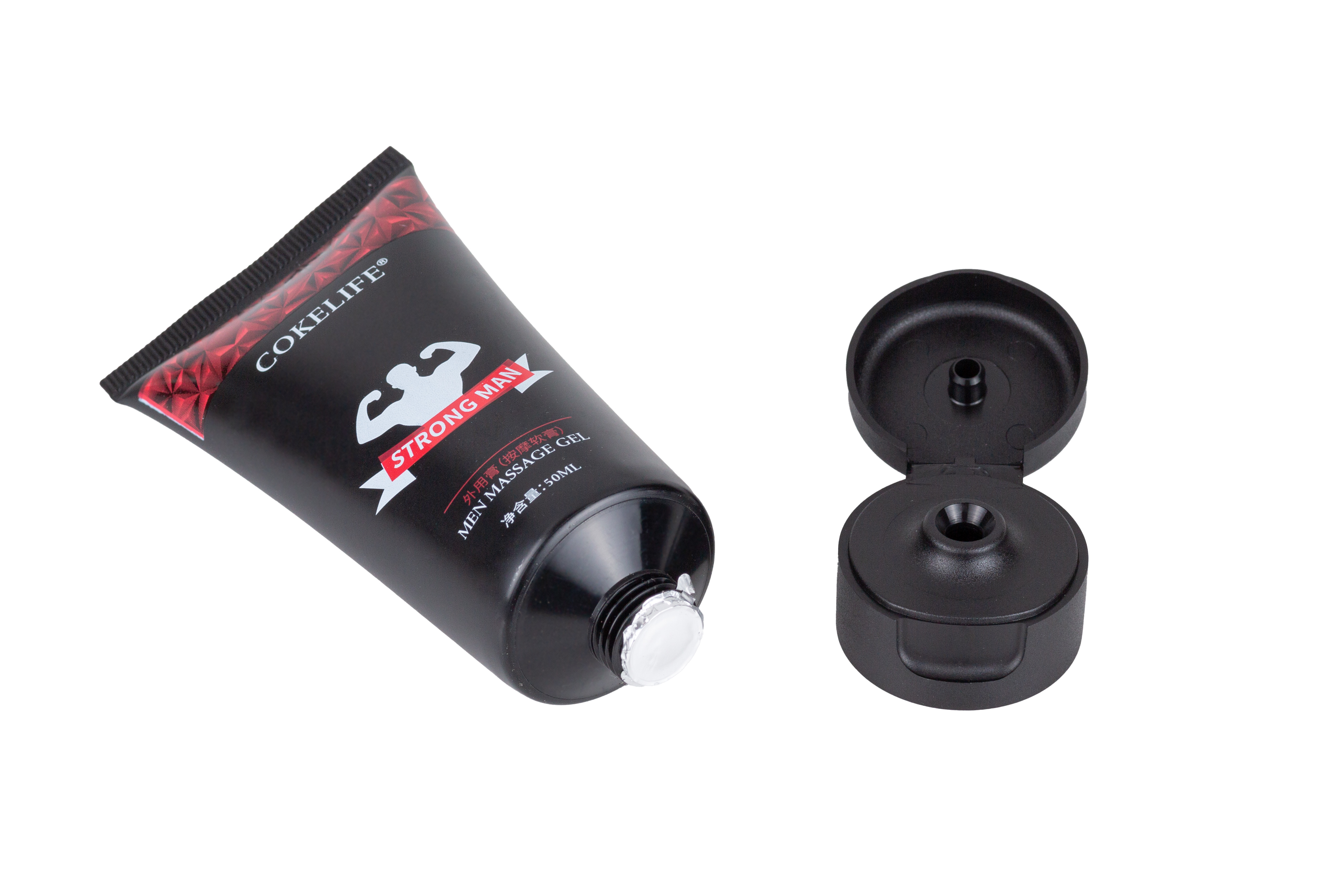 Tubo negro de COKELIFE MEN MASSAGE GEL con logo de hombre fuerte, tapa quitada, sobre fondo blanco.