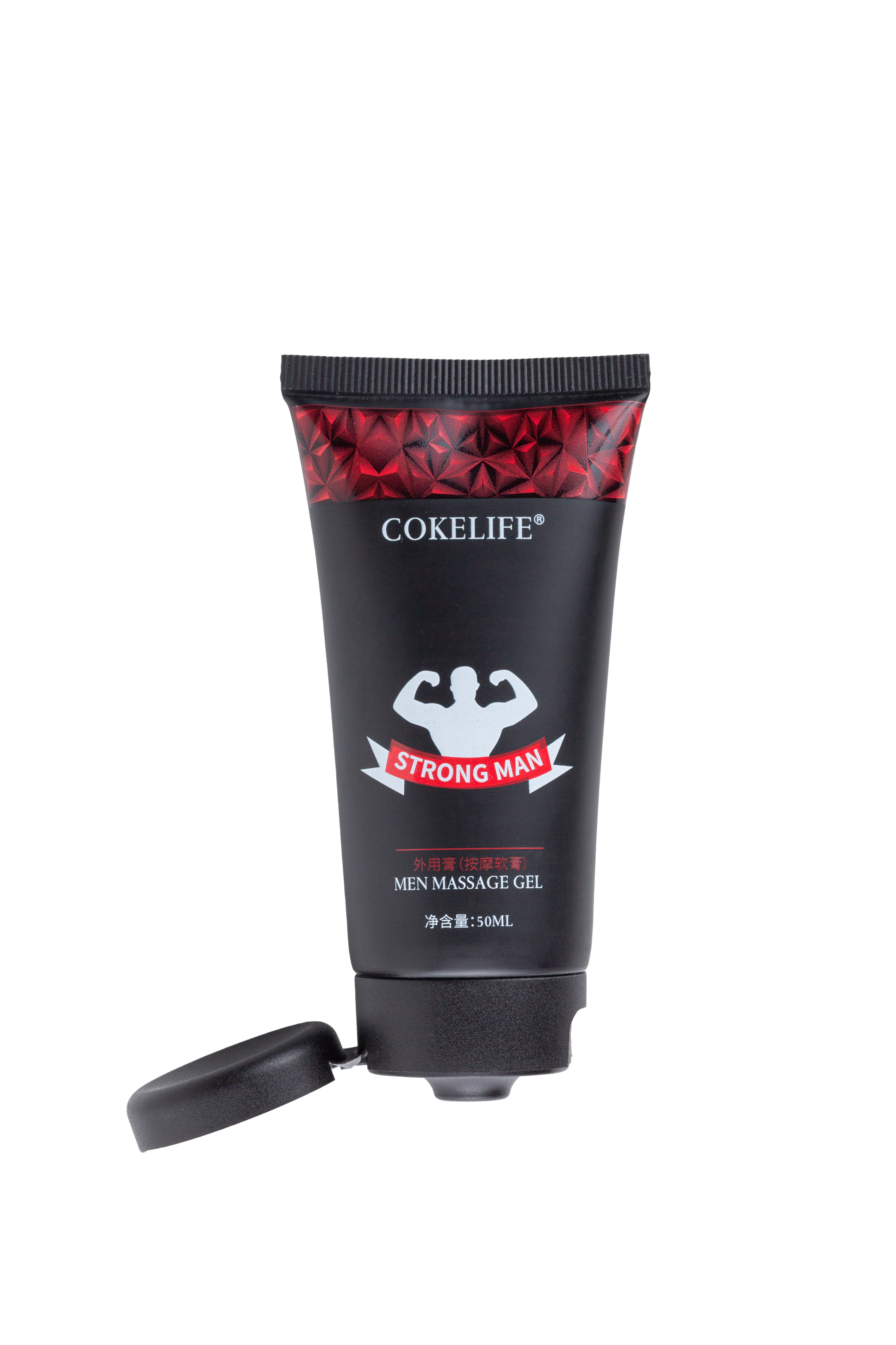 Un tubo negro de gel de masaje para hombres 'COKELIFE' con tapa abatible abierta. Dice 'Strong Man'.