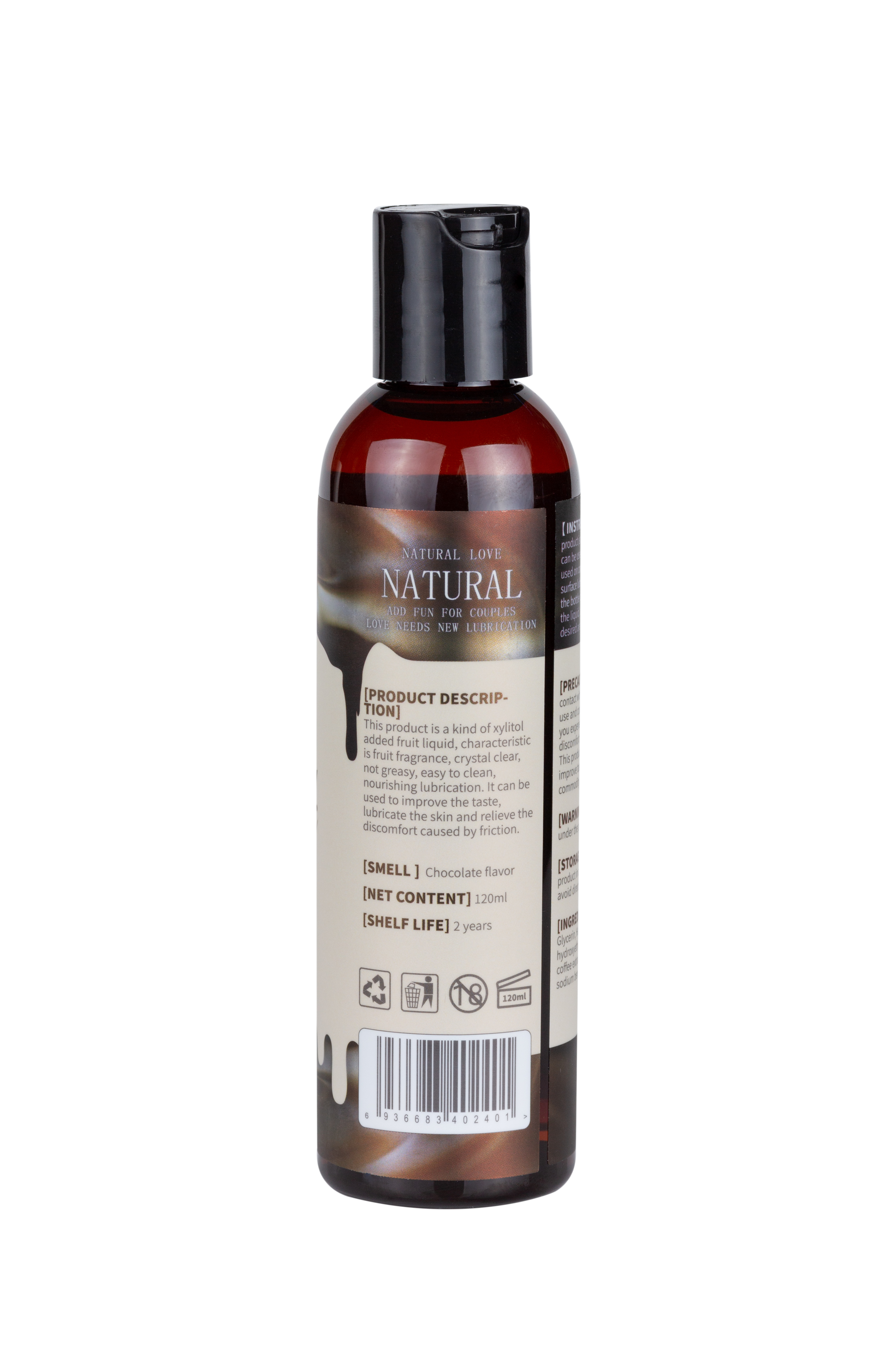 Botella de lubricante sabor chocolate con etiqueta de ingredientes. Tapa arriba.