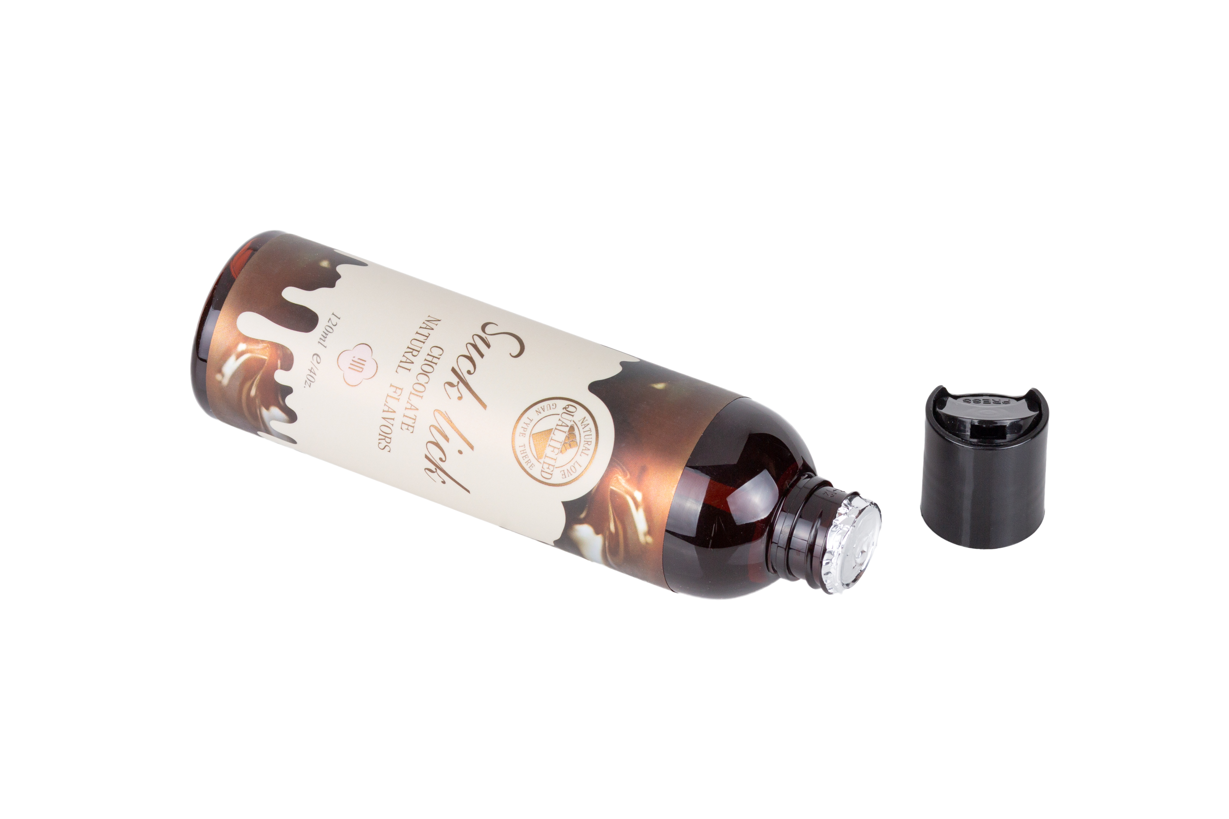 Una botella de lubricante con sabor a chocolate 'Such lick', sin tapón, tumbada de lado.