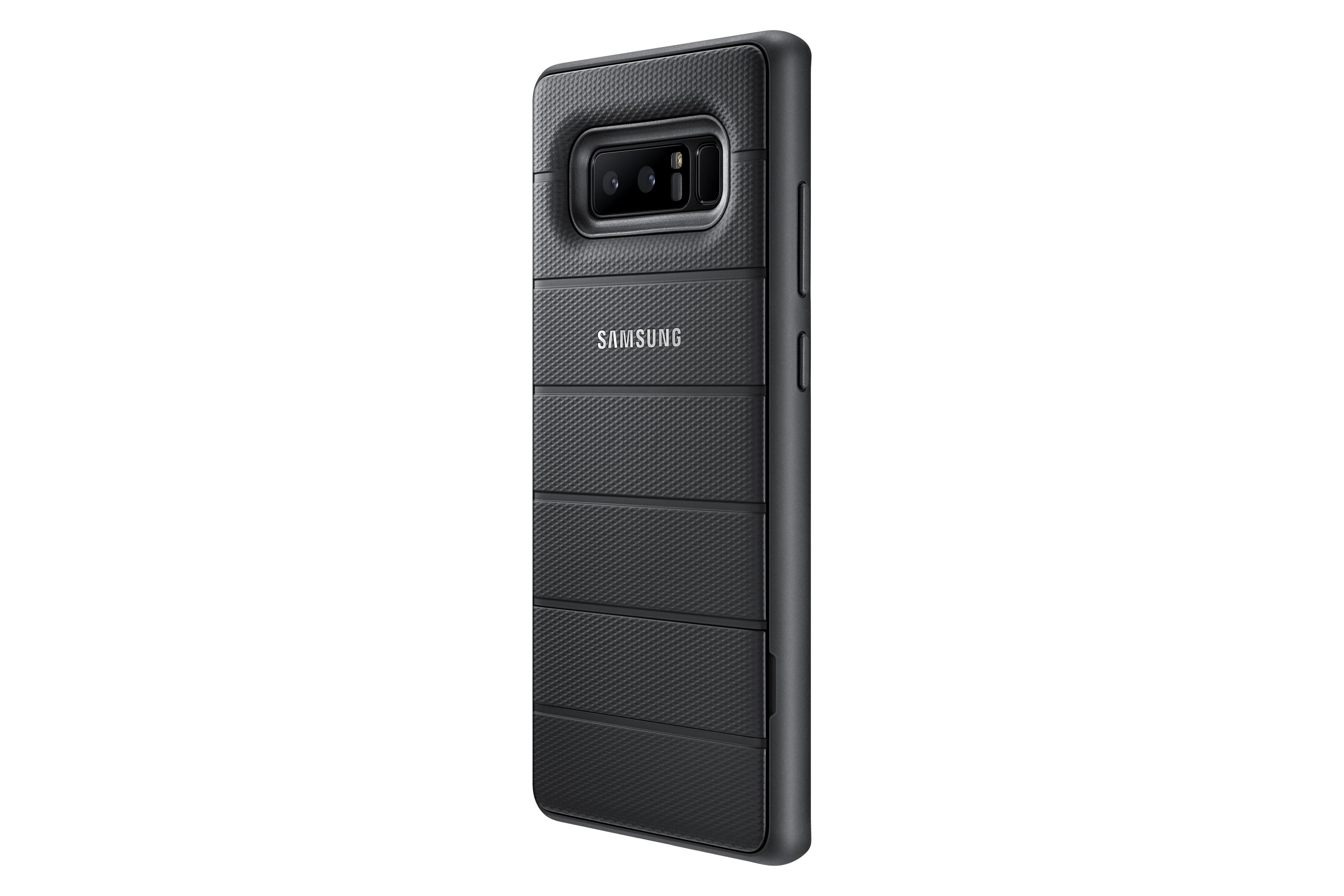 Custodia per telefono Samsung nera con design strutturato.