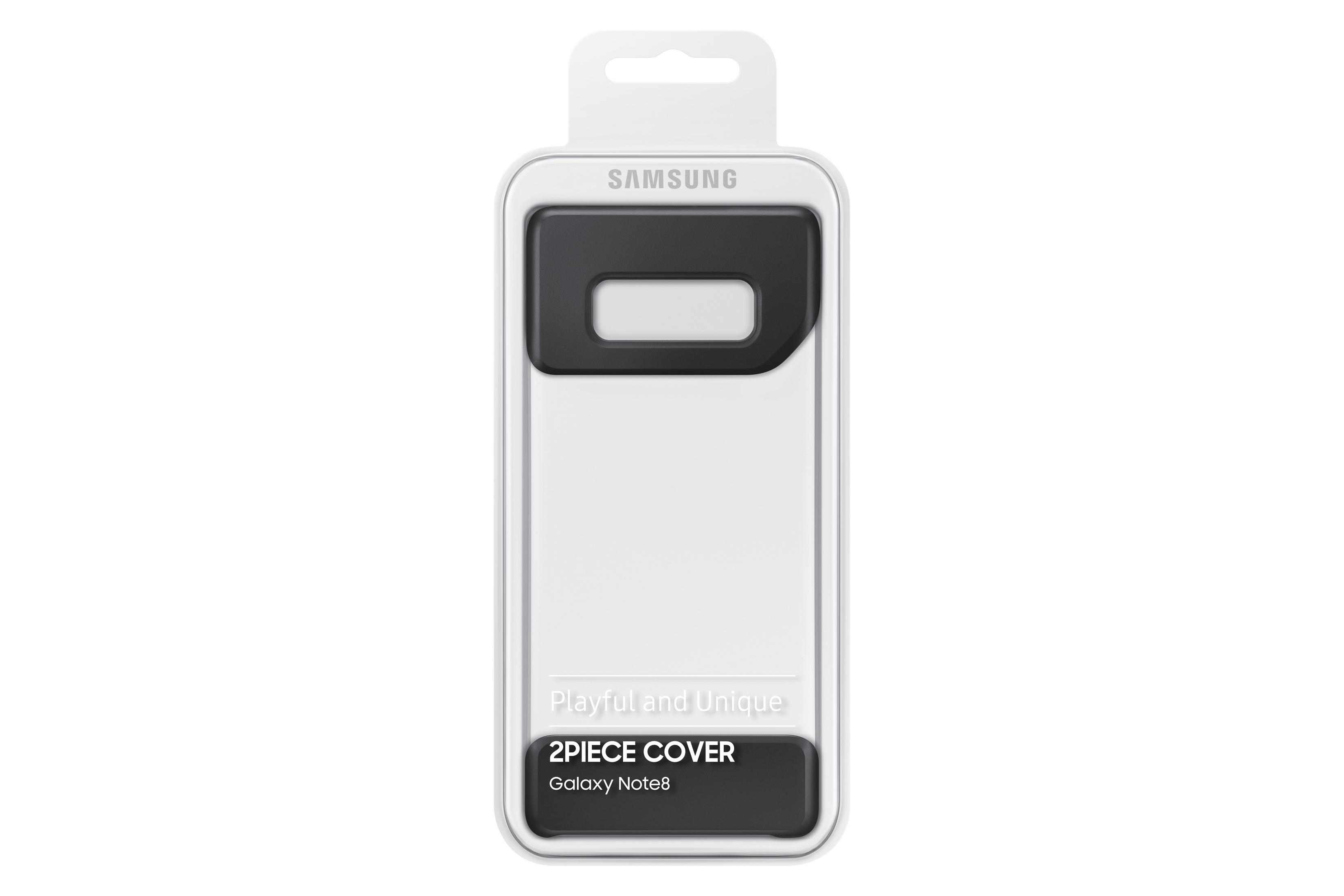Confezione di custodia per telefono bianca e nera. Ha il logo Samsung. Il nome del prodotto è 2PIECE COVER Galaxy Note8.