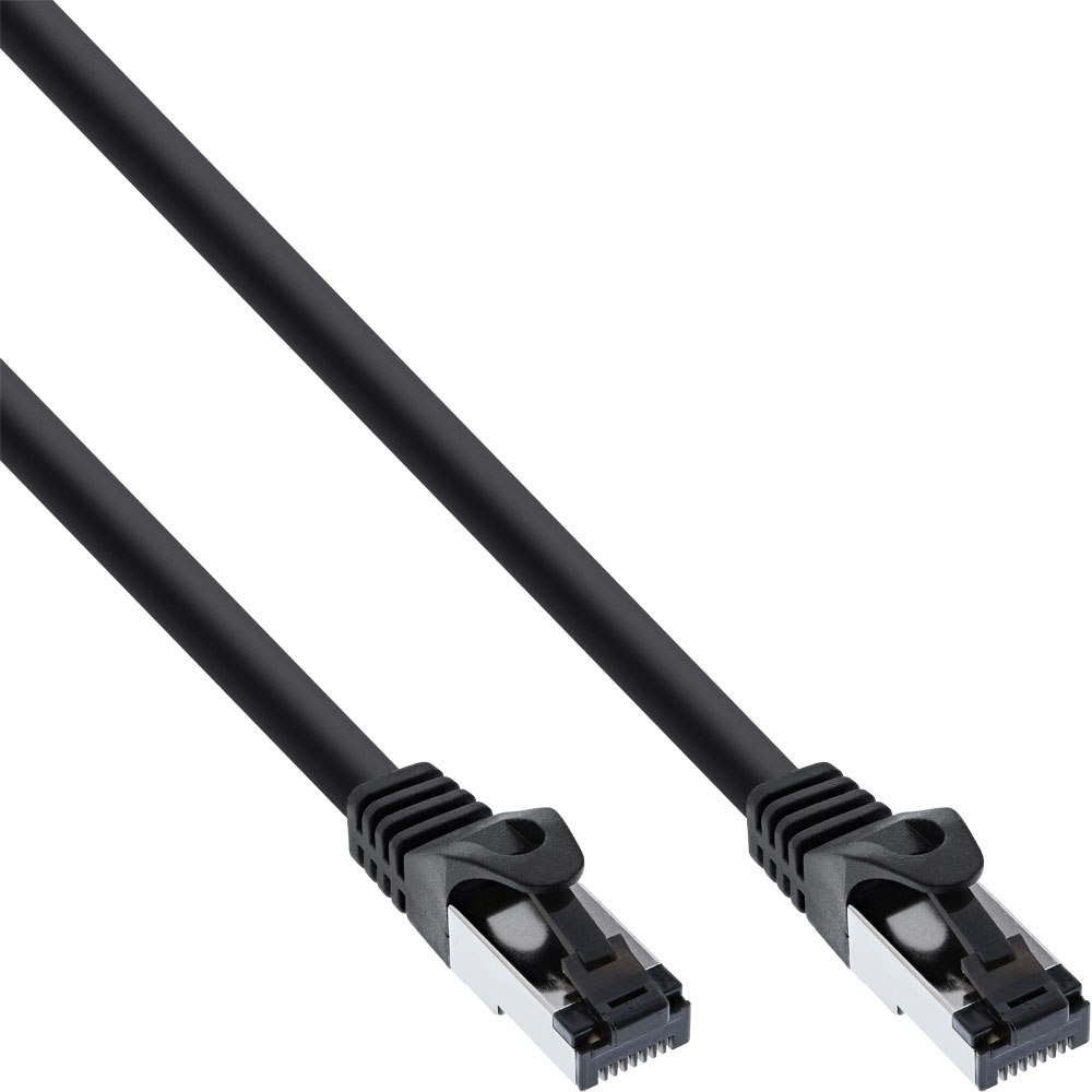 Twee zwarte netwerkkabels met zwarte connectoren. De connectoren hebben zilveren uiteinden en zijn schuin.