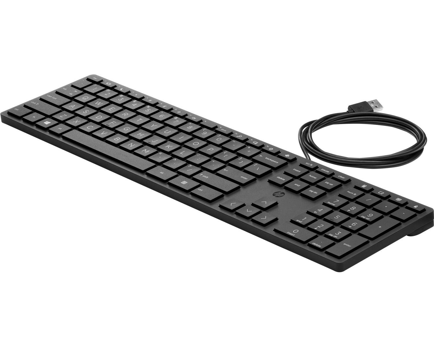 Una tastiera nera con tastierino numerico e un cavo USB nero arrotolato accanto. Ha un layout completo.