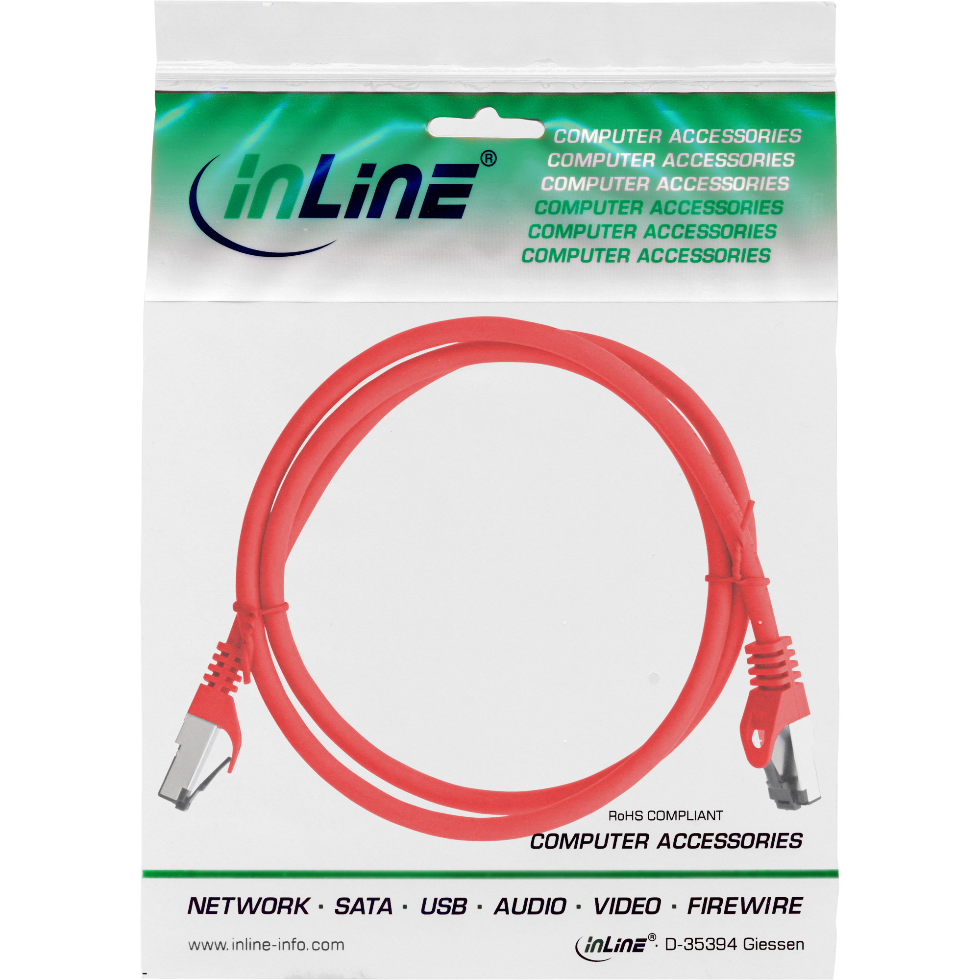 Een rode netwerkkabel met RJ45-connectoren, verpakt in een transparante zak met het InLine-logo.
