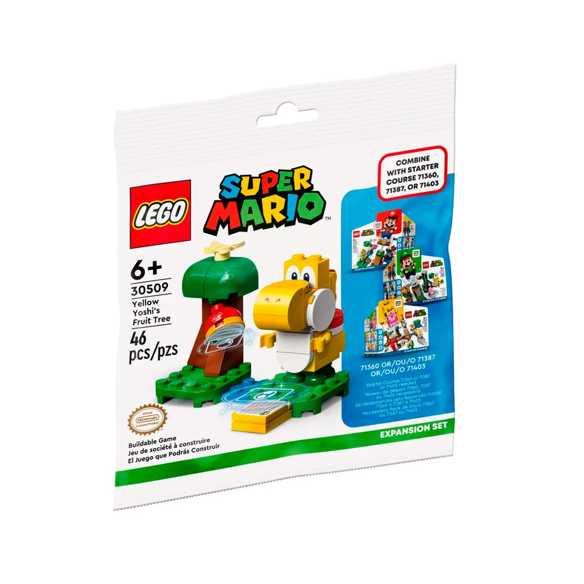 Set Lego Super Mario in un sacchetto con una figura di Yoshi giallo, un albero e una piattaforma verde.