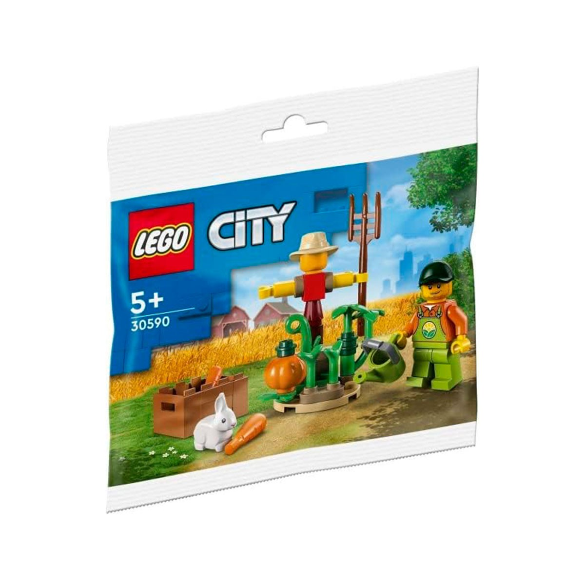 Set Lego City in un sacchetto. Mostra uno spaventapasseri, verdure, un coniglio e una minifigure di un contadino.